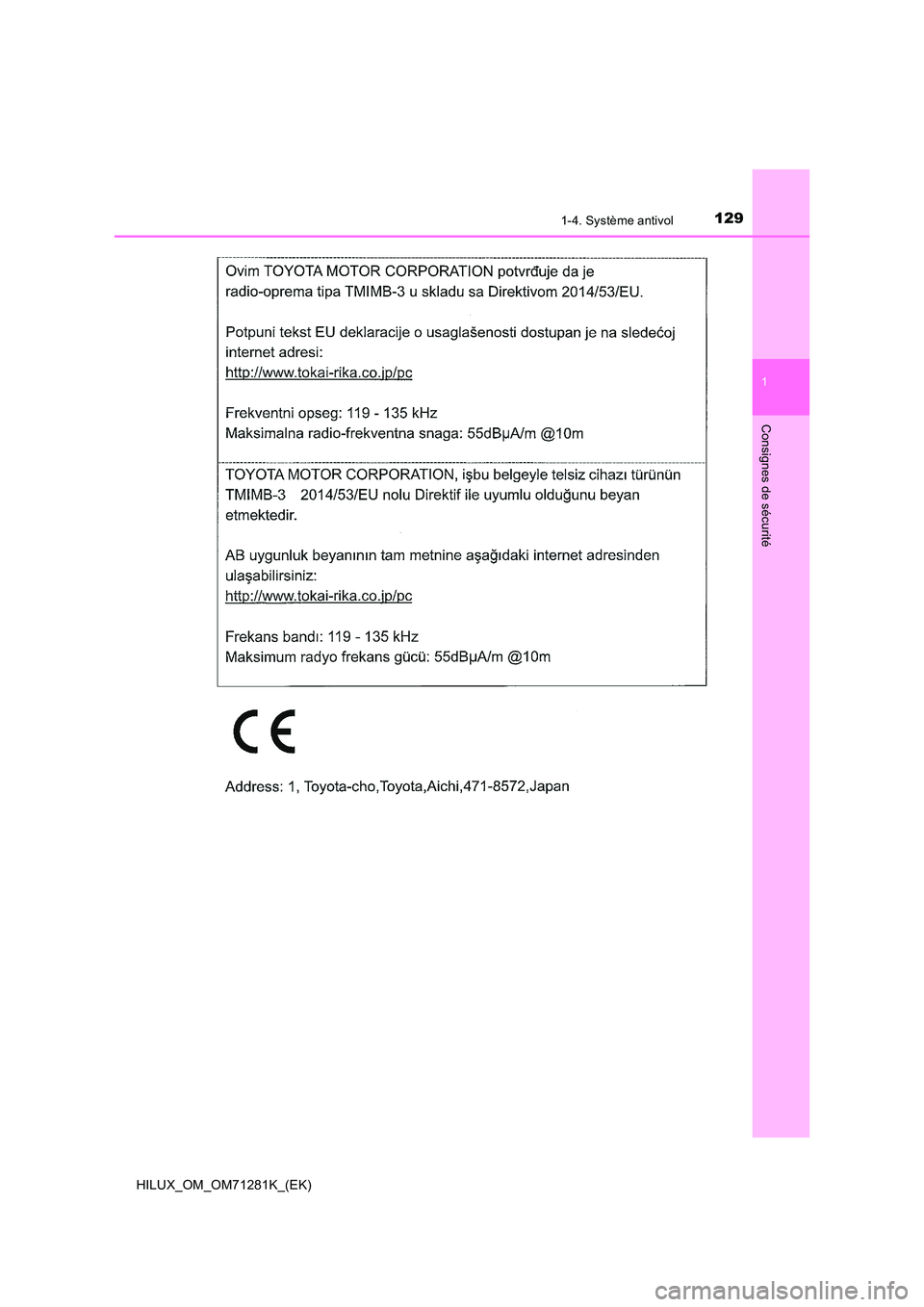 TOYOTA HILUX 2020  Notices Demploi (in French) 1291-4. Système antivol
1
HILUX_OM_OM71281K_(EK)
Consignes de sécurité 