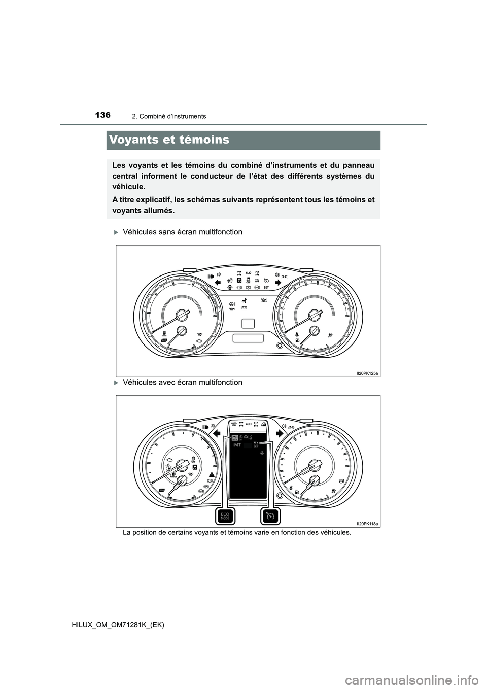 TOYOTA HILUX 2020  Notices Demploi (in French) 1362. Combiné d’instruments
HILUX_OM_OM71281K_(EK)
Voyants et témoins
Véhicules sans écran multifonction
Véhicules avec écran multifonction
La position de certains voyants et témoins va