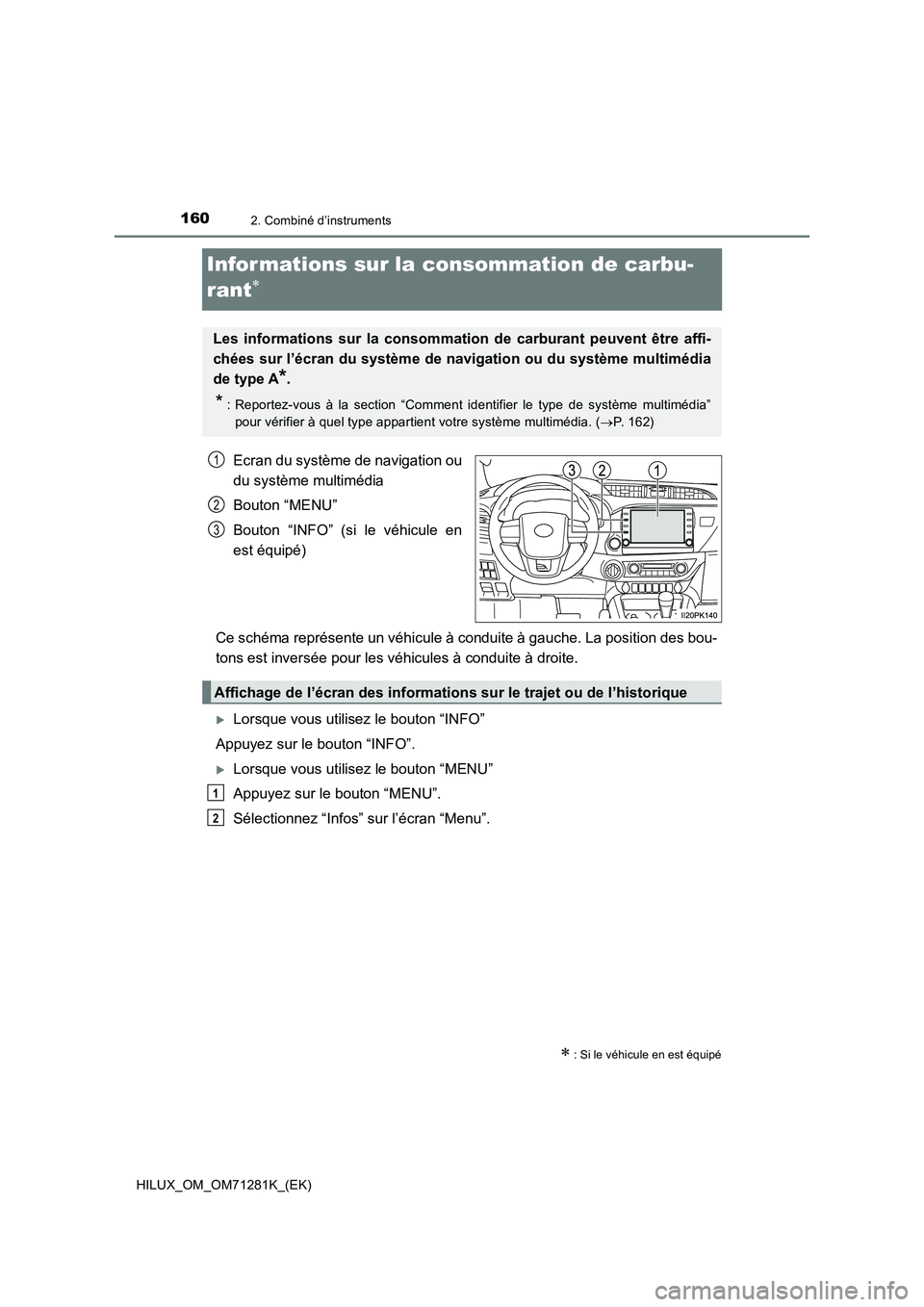 TOYOTA HILUX 2020  Notices Demploi (in French) 1602. Combiné d’instruments
HILUX_OM_OM71281K_(EK)
Infor mations sur la consommation de carbu-
rant

Ecran du système de navigation ou
du système multimédia
Bouton “MENU”
Bouton  “INFO�