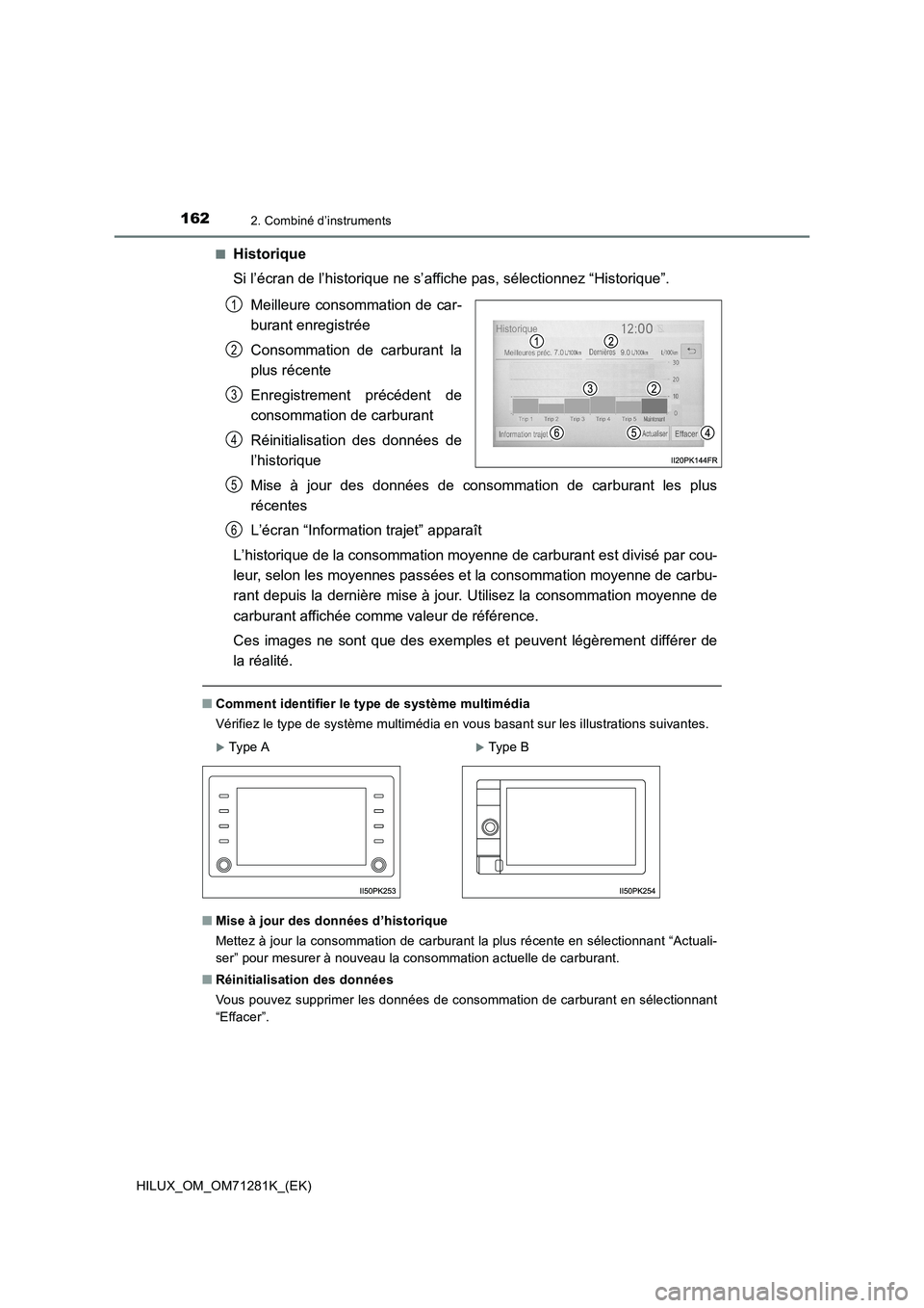 TOYOTA HILUX 2020  Notices Demploi (in French) 1622. Combiné d’instruments
HILUX_OM_OM71281K_(EK)�Q
Historique
Si l’écran de l’historique ne s’affiche pas, sélectionnez “Historique”.
Meilleure consommation de car-
burant enregistré