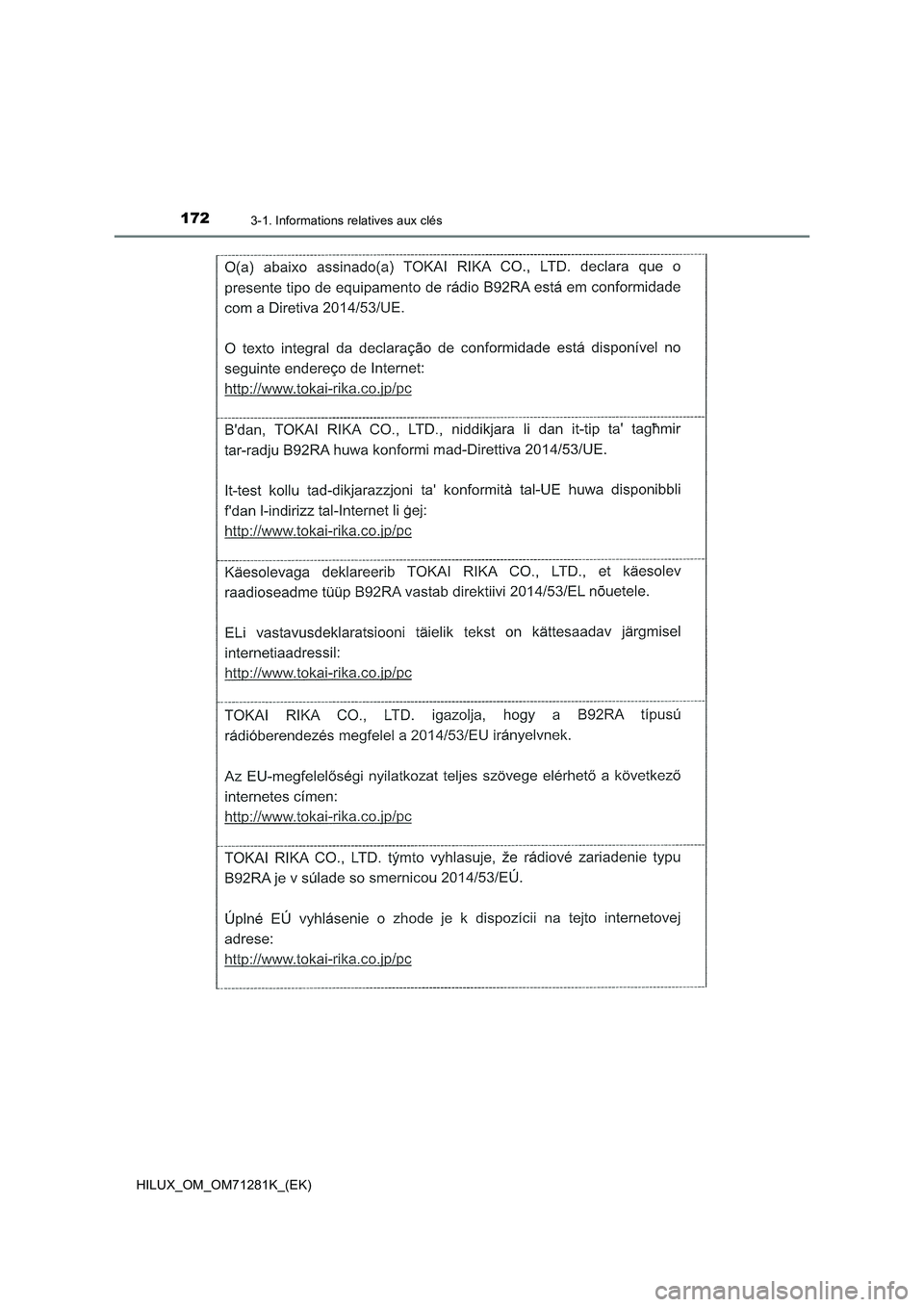 TOYOTA HILUX 2020  Notices Demploi (in French) 1723-1. Informations relatives aux clés
HILUX_OM_OM71281K_(EK)  TOYOTA HILUX 2020  Notices Demploi (in French) 1723-1. Informations relatives aux clés
HILUX_OM_OM71281K_(EK)