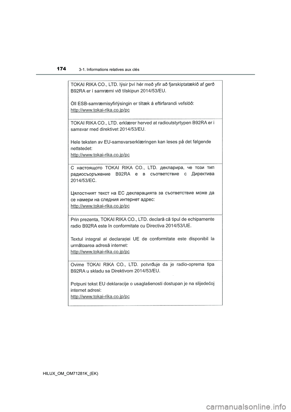 TOYOTA HILUX 2020  Notices Demploi (in French) 1743-1. Informations relatives aux clés
HILUX_OM_OM71281K_(EK)  TOYOTA HILUX 2020  Notices Demploi (in French) 1743-1. Informations relatives aux clés
HILUX_OM_OM71281K_(EK)
