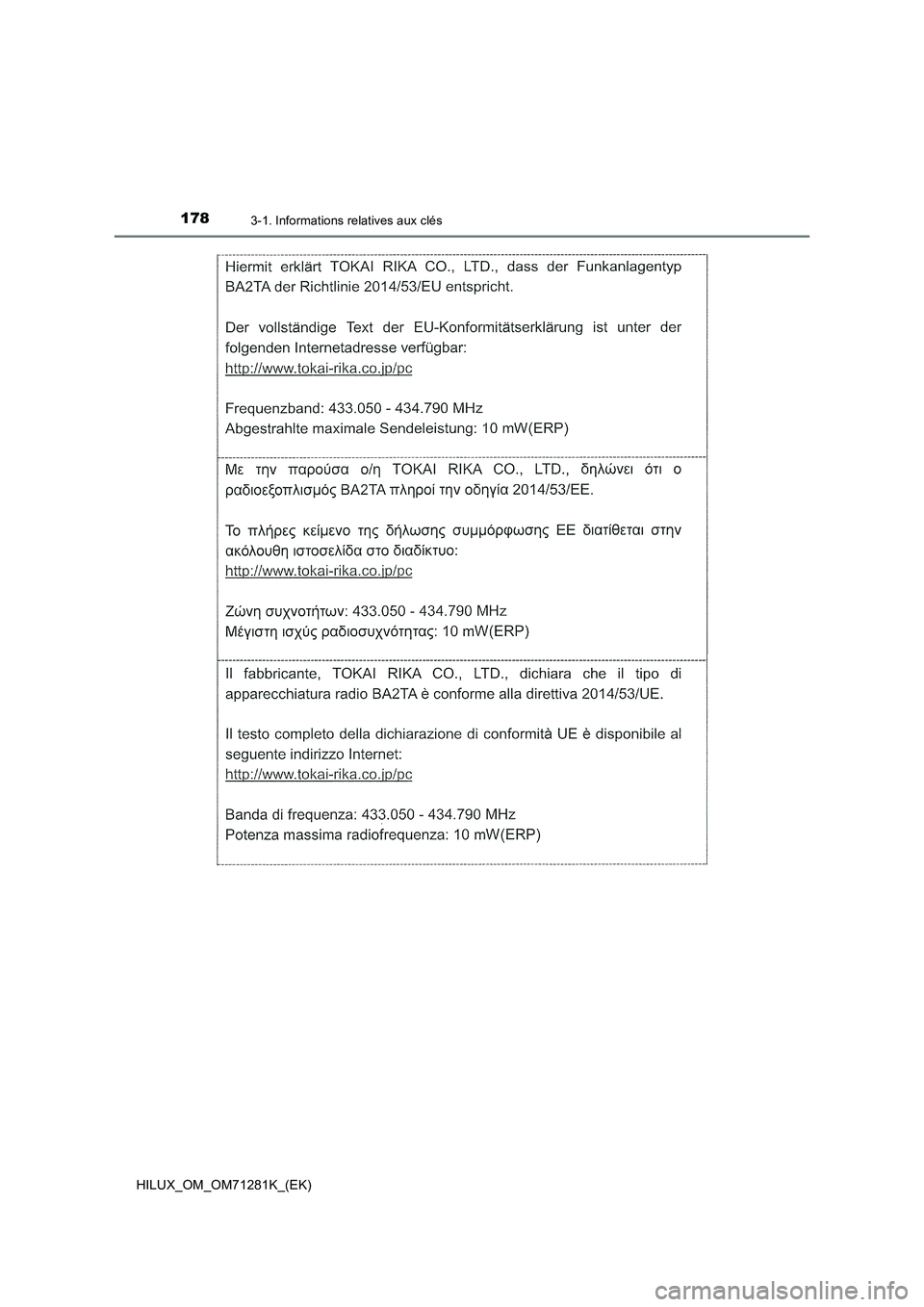 TOYOTA HILUX 2020  Notices Demploi (in French) 1783-1. Informations relatives aux clés
HILUX_OM_OM71281K_(EK)  TOYOTA HILUX 2020  Notices Demploi (in French) 1783-1. Informations relatives aux clés
HILUX_OM_OM71281K_(EK)