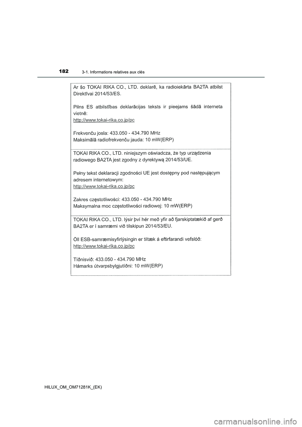 TOYOTA HILUX 2020  Notices Demploi (in French) 1823-1. Informations relatives aux clés
HILUX_OM_OM71281K_(EK)  TOYOTA HILUX 2020  Notices Demploi (in French) 1823-1. Informations relatives aux clés
HILUX_OM_OM71281K_(EK)