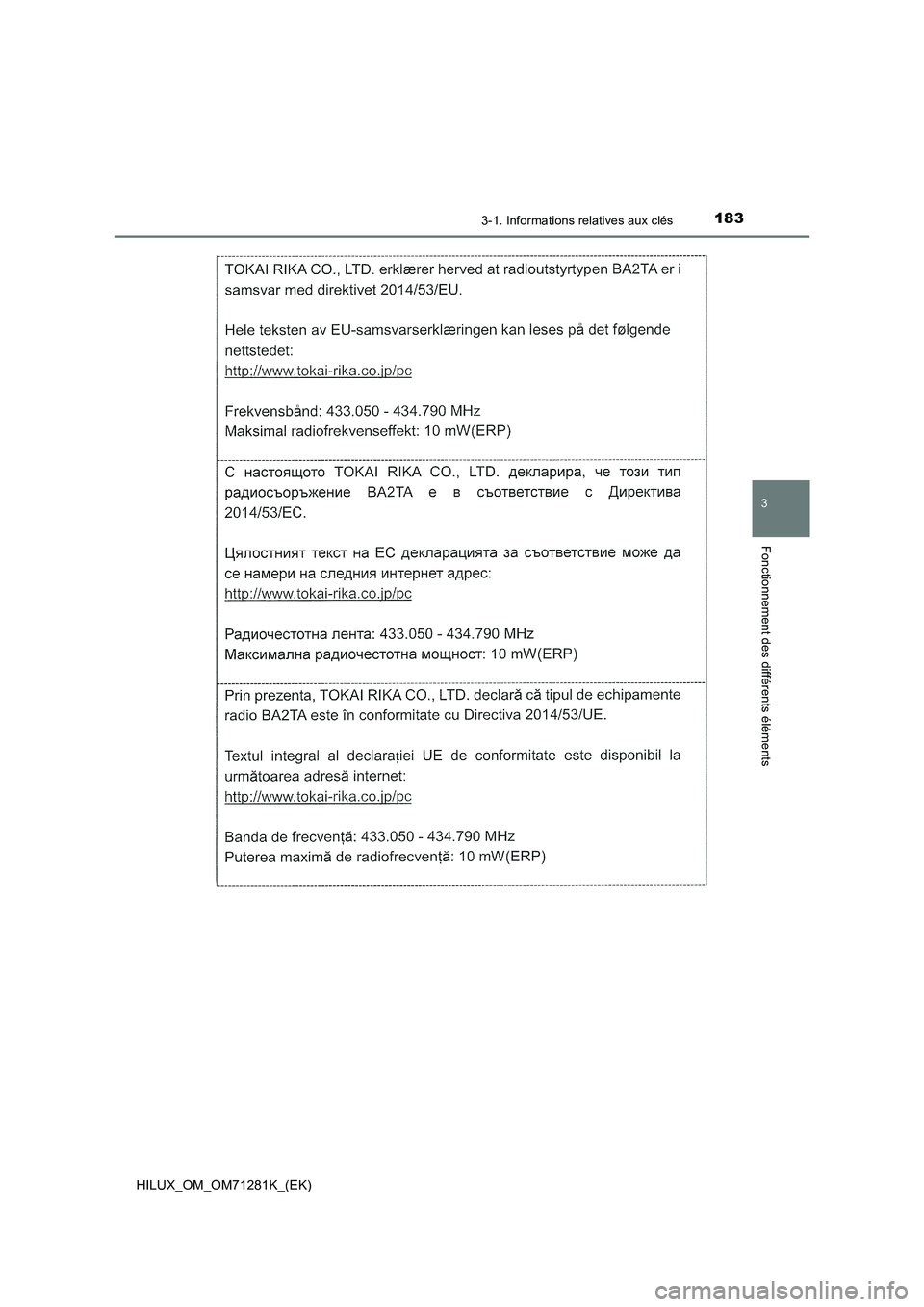 TOYOTA HILUX 2020  Notices Demploi (in French) 1833-1. Informations relatives aux clés
3
Fonctionnement des différents éléments
HILUX_OM_OM71281K_(EK)  TOYOTA HILUX 2020  Notices Demploi (in French) 1833-1. Informations relatives aux clés
3
Fonctionnement des différents éléments
HILUX_OM_OM71281K_(EK)