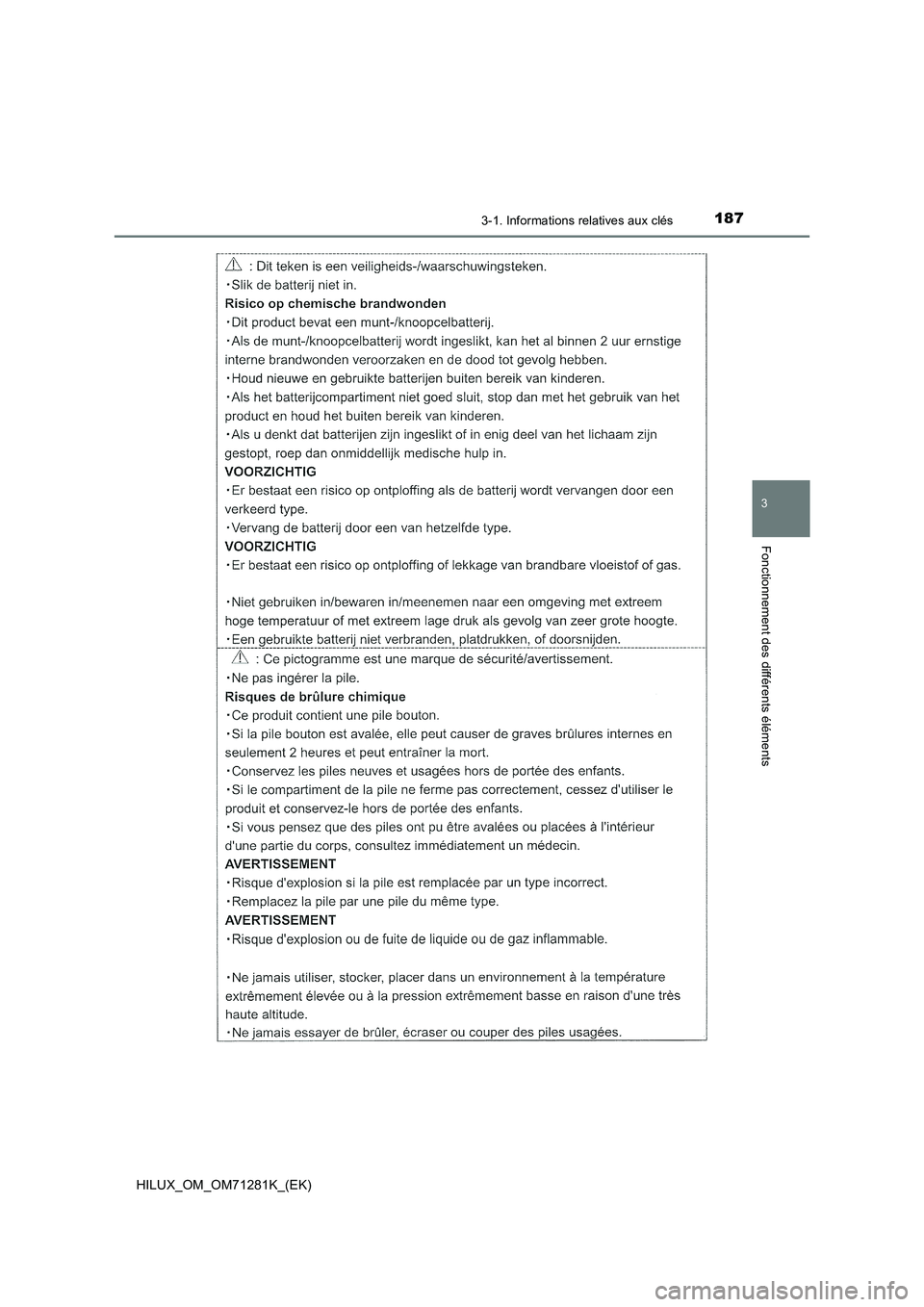 TOYOTA HILUX 2020  Notices Demploi (in French) 1873-1. Informations relatives aux clés
3
Fonctionnement des différents éléments
HILUX_OM_OM71281K_(EK)  TOYOTA HILUX 2020  Notices Demploi (in French) 1873-1. Informations relatives aux clés
3
Fonctionnement des différents éléments
HILUX_OM_OM71281K_(EK)