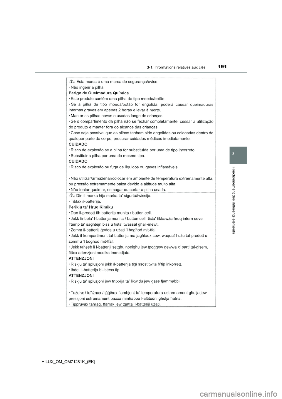 TOYOTA HILUX 2020  Notices Demploi (in French) 1913-1. Informations relatives aux clés
3
Fonctionnement des différents éléments
HILUX_OM_OM71281K_(EK)  TOYOTA HILUX 2020  Notices Demploi (in French) 1913-1. Informations relatives aux clés
3
Fonctionnement des différents éléments
HILUX_OM_OM71281K_(EK)