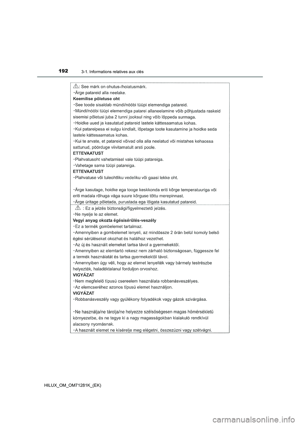 TOYOTA HILUX 2020  Notices Demploi (in French) 1923-1. Informations relatives aux clés
HILUX_OM_OM71281K_(EK)  TOYOTA HILUX 2020  Notices Demploi (in French) 1923-1. Informations relatives aux clés
HILUX_OM_OM71281K_(EK)