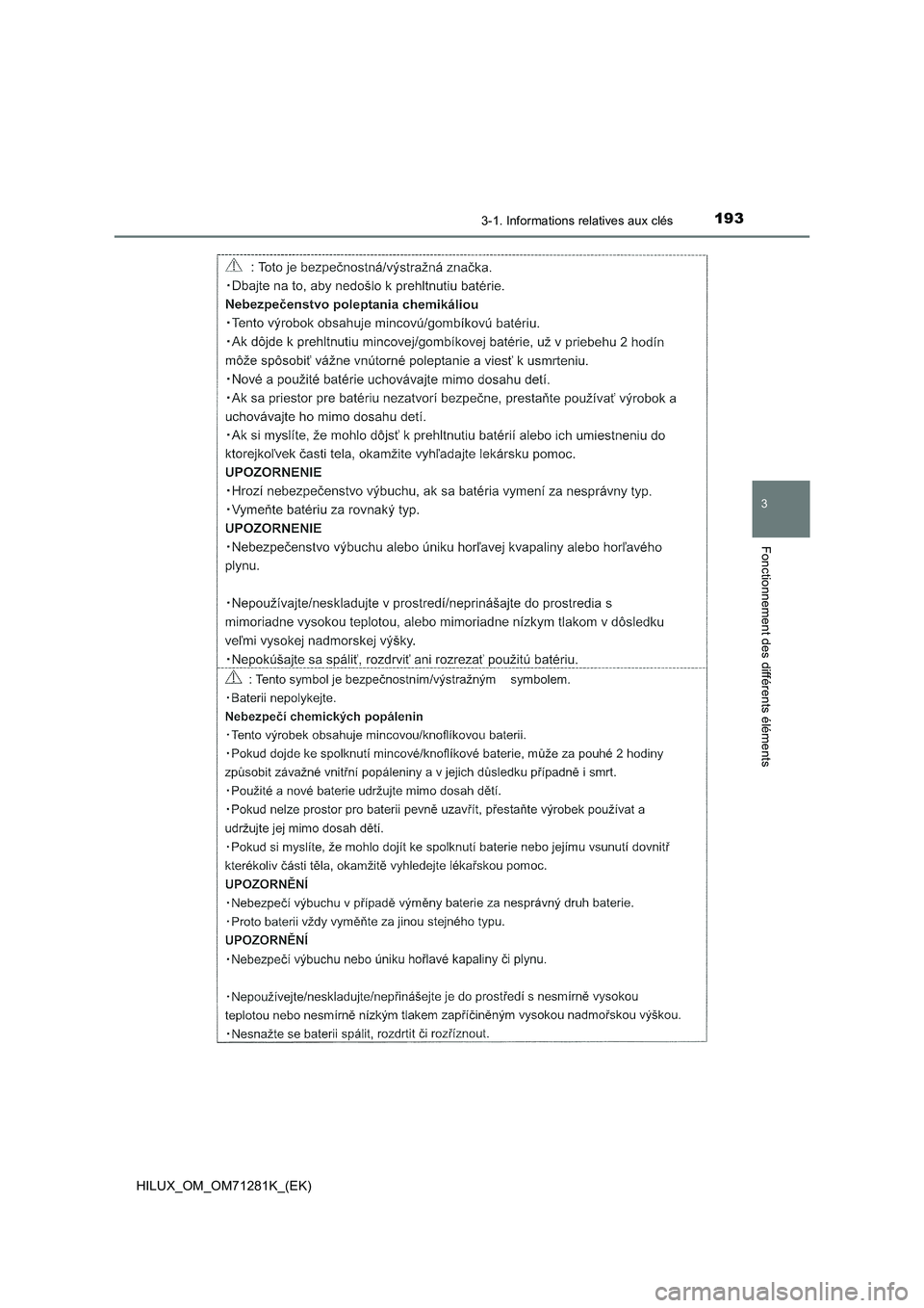 TOYOTA HILUX 2020  Notices Demploi (in French) 1933-1. Informations relatives aux clés
3
Fonctionnement des différents éléments
HILUX_OM_OM71281K_(EK)  TOYOTA HILUX 2020  Notices Demploi (in French) 1933-1. Informations relatives aux clés
3
Fonctionnement des différents éléments
HILUX_OM_OM71281K_(EK)