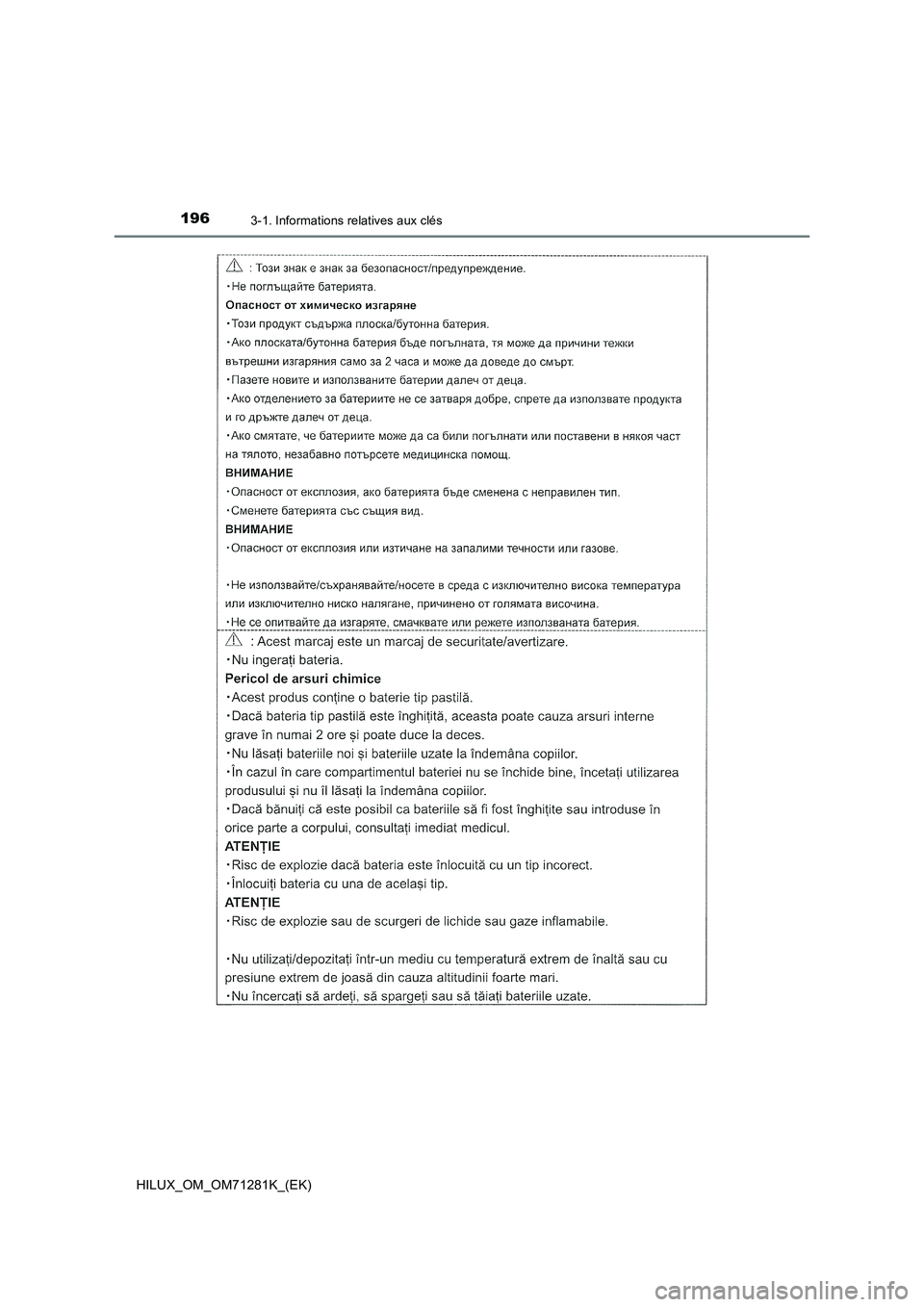 TOYOTA HILUX 2020  Notices Demploi (in French) 1963-1. Informations relatives aux clés
HILUX_OM_OM71281K_(EK)  TOYOTA HILUX 2020  Notices Demploi (in French) 1963-1. Informations relatives aux clés
HILUX_OM_OM71281K_(EK)