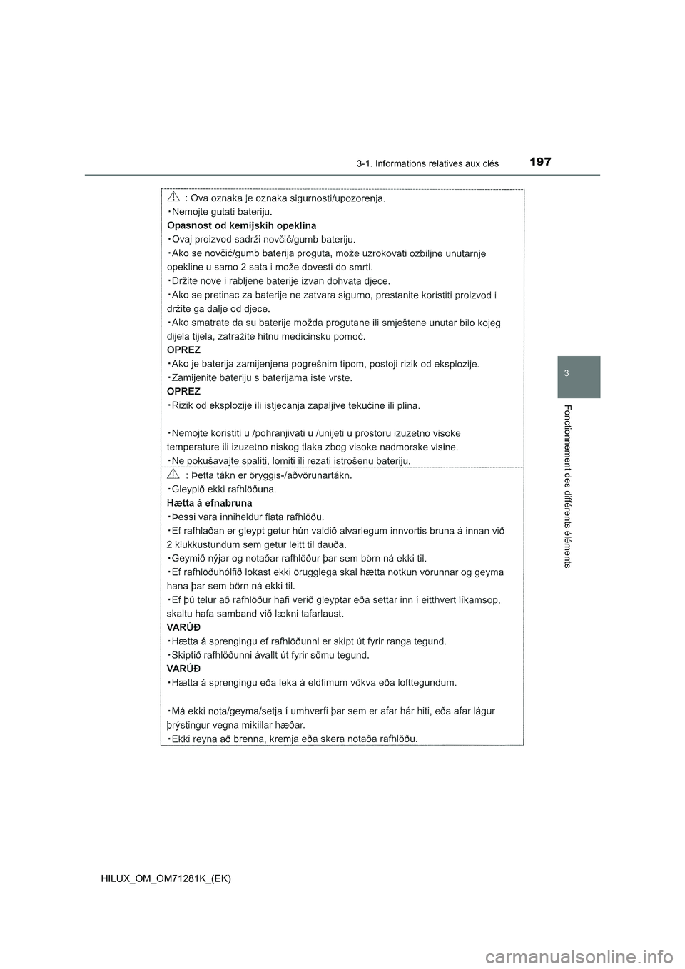 TOYOTA HILUX 2020  Notices Demploi (in French) 1973-1. Informations relatives aux clés
3
Fonctionnement des différents éléments
HILUX_OM_OM71281K_(EK)  TOYOTA HILUX 2020  Notices Demploi (in French) 1973-1. Informations relatives aux clés
3
Fonctionnement des différents éléments
HILUX_OM_OM71281K_(EK)