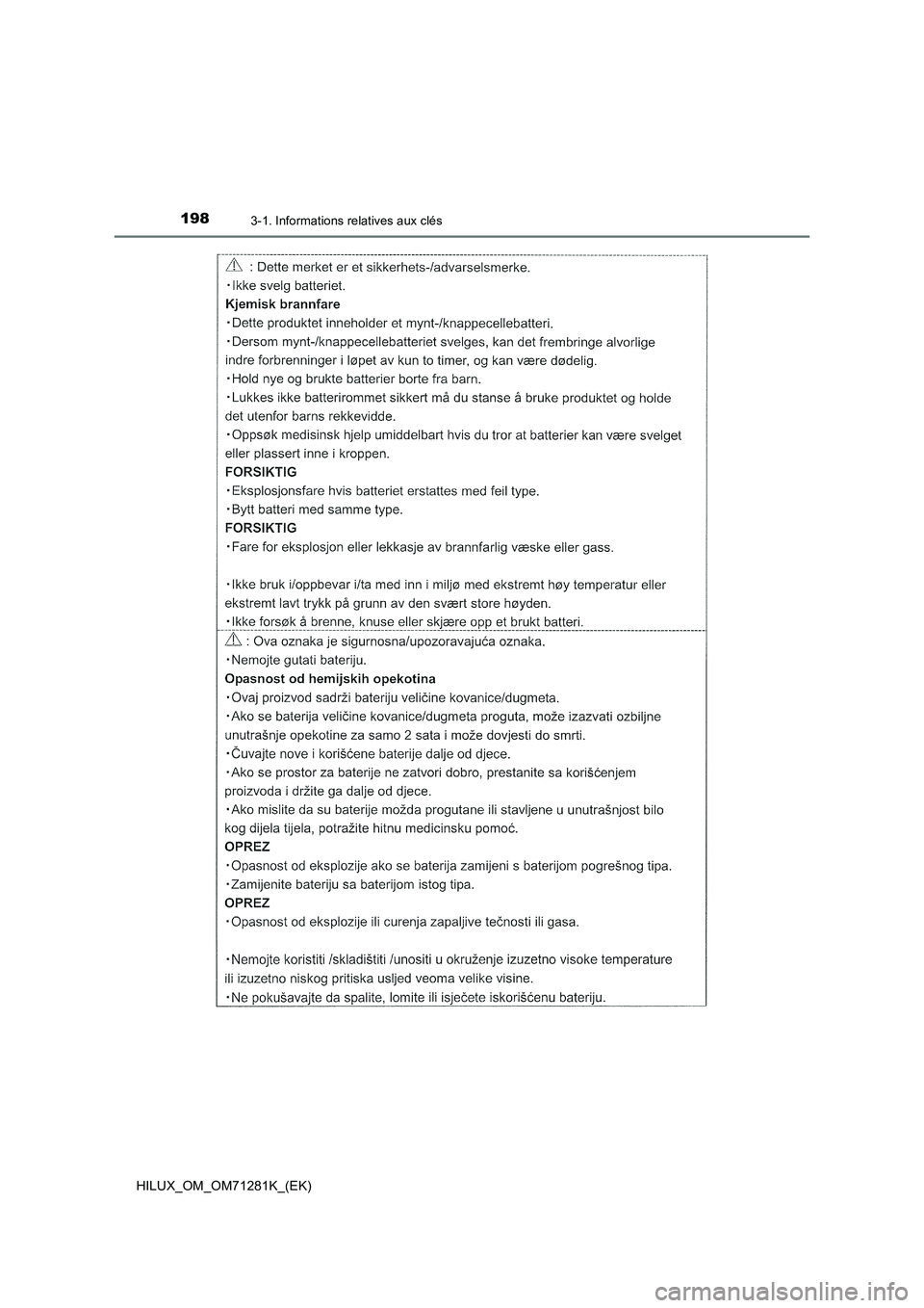 TOYOTA HILUX 2020  Notices Demploi (in French) 1983-1. Informations relatives aux clés
HILUX_OM_OM71281K_(EK)  TOYOTA HILUX 2020  Notices Demploi (in French) 1983-1. Informations relatives aux clés
HILUX_OM_OM71281K_(EK)