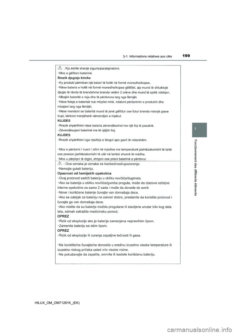 TOYOTA HILUX 2020  Notices Demploi (in French) 1993-1. Informations relatives aux clés
3
Fonctionnement des différents éléments
HILUX_OM_OM71281K_(EK)  TOYOTA HILUX 2020  Notices Demploi (in French) 1993-1. Informations relatives aux clés
3
Fonctionnement des différents éléments
HILUX_OM_OM71281K_(EK)