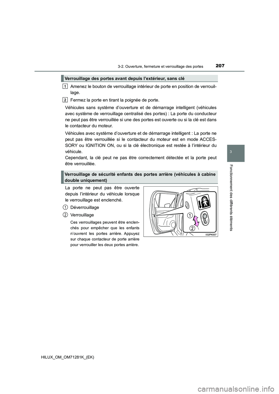 TOYOTA HILUX 2020  Notices Demploi (in French) 2073-2. Ouverture, fermeture et verrouillage des portes
3
Fonctionnement des différents éléments
HILUX_OM_OM71281K_(EK)
Amenez le bouton de verrouillage intérieur de porte en position de verrouil-