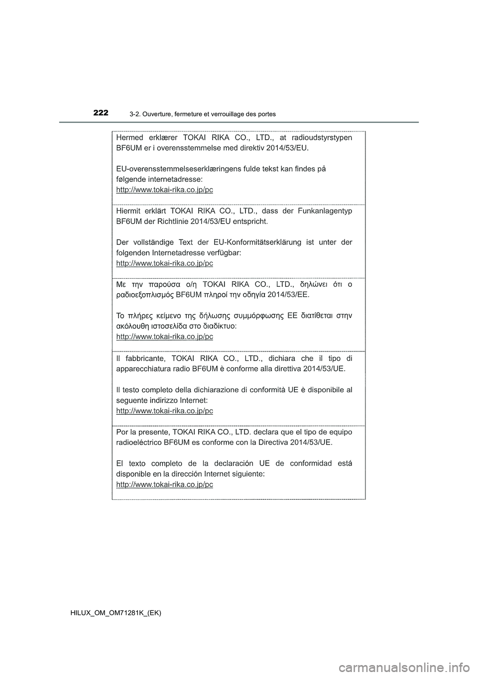 TOYOTA HILUX 2020  Notices Demploi (in French) 2223-2. Ouverture, fermeture et verrouillage des portes
HILUX_OM_OM71281K_(EK) 