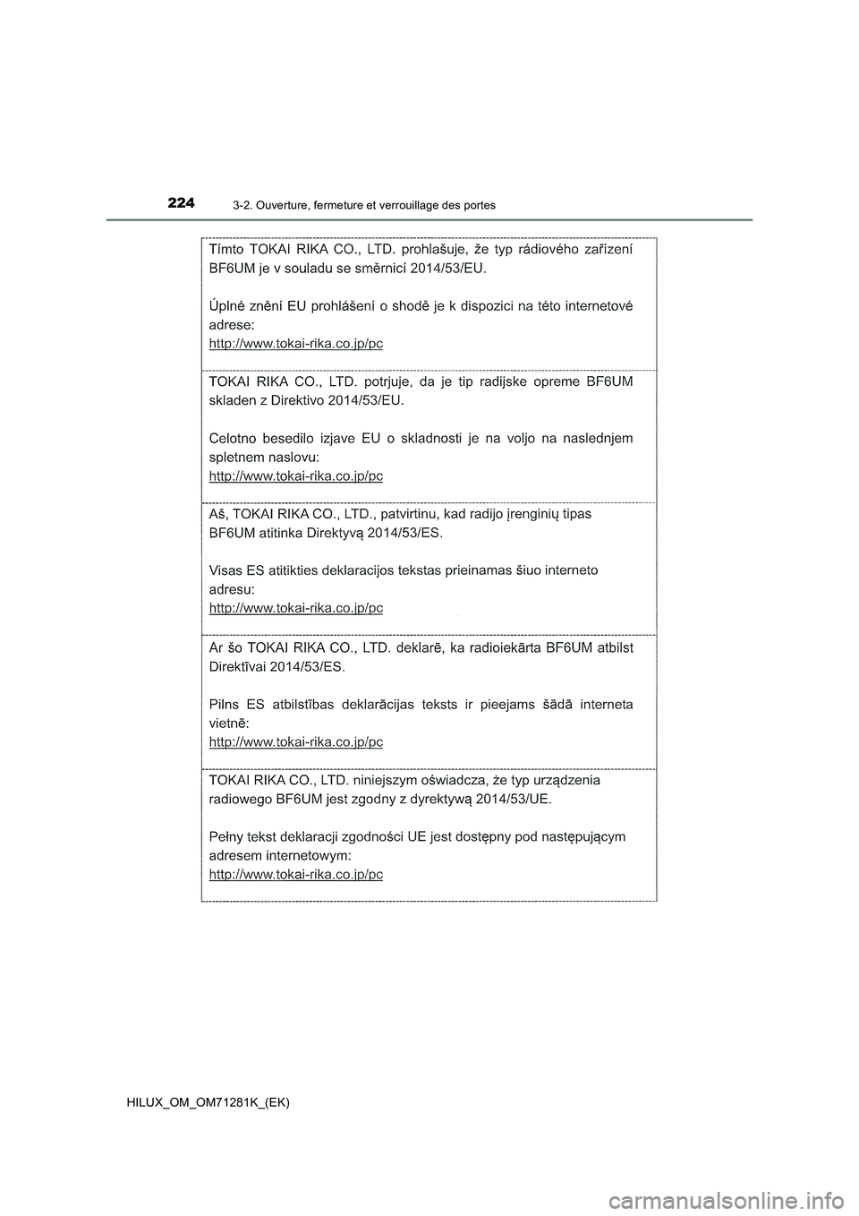 TOYOTA HILUX 2020  Notices Demploi (in French) 2243-2. Ouverture, fermeture et verrouillage des portes
HILUX_OM_OM71281K_(EK) 