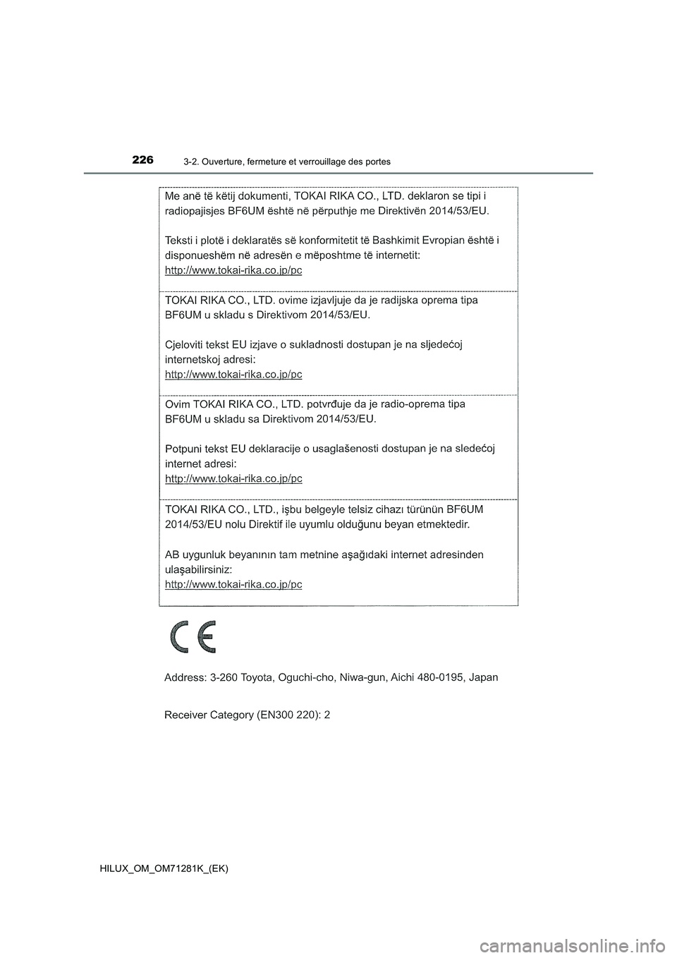TOYOTA HILUX 2020  Notices Demploi (in French) 2263-2. Ouverture, fermeture et verrouillage des portes
HILUX_OM_OM71281K_(EK) 