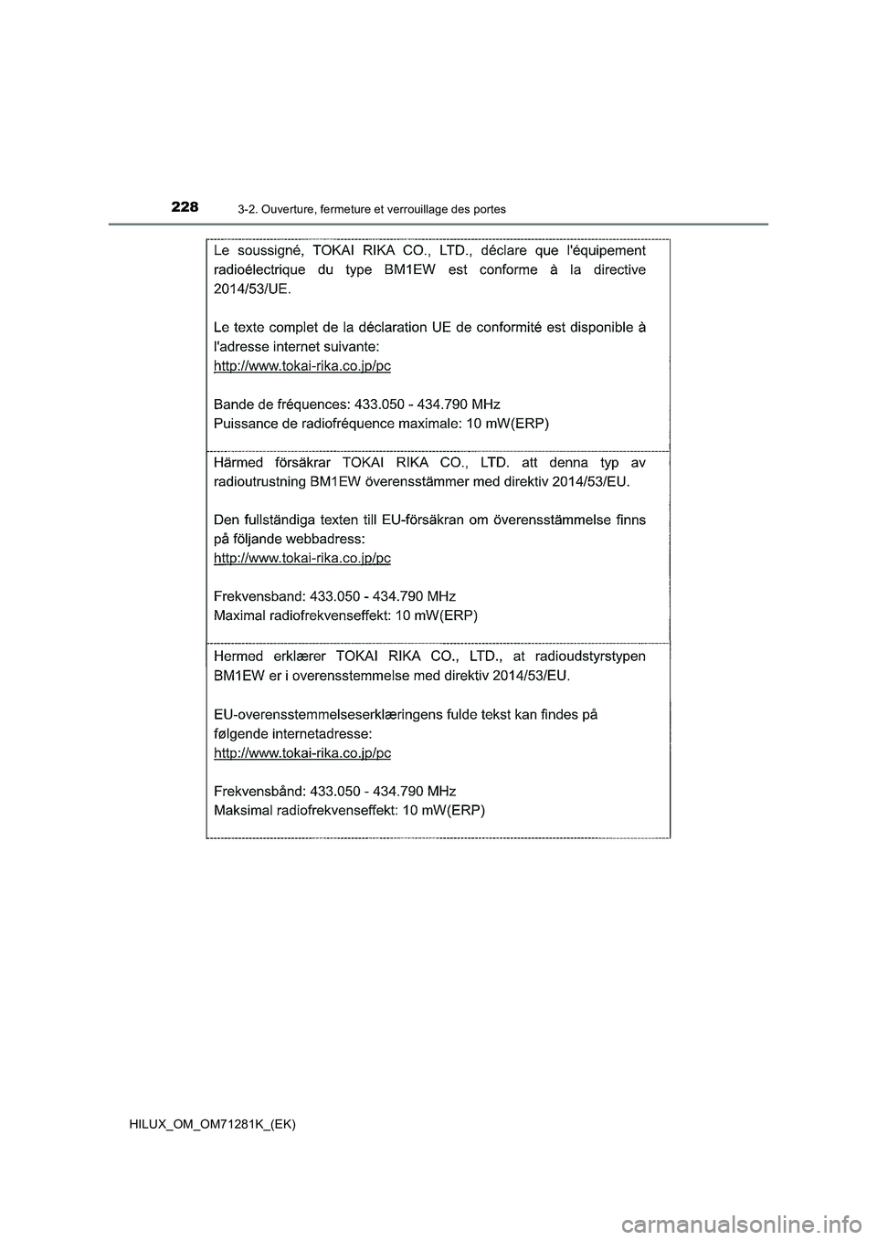 TOYOTA HILUX 2020  Notices Demploi (in French) 2283-2. Ouverture, fermeture et verrouillage des portes
HILUX_OM_OM71281K_(EK) 