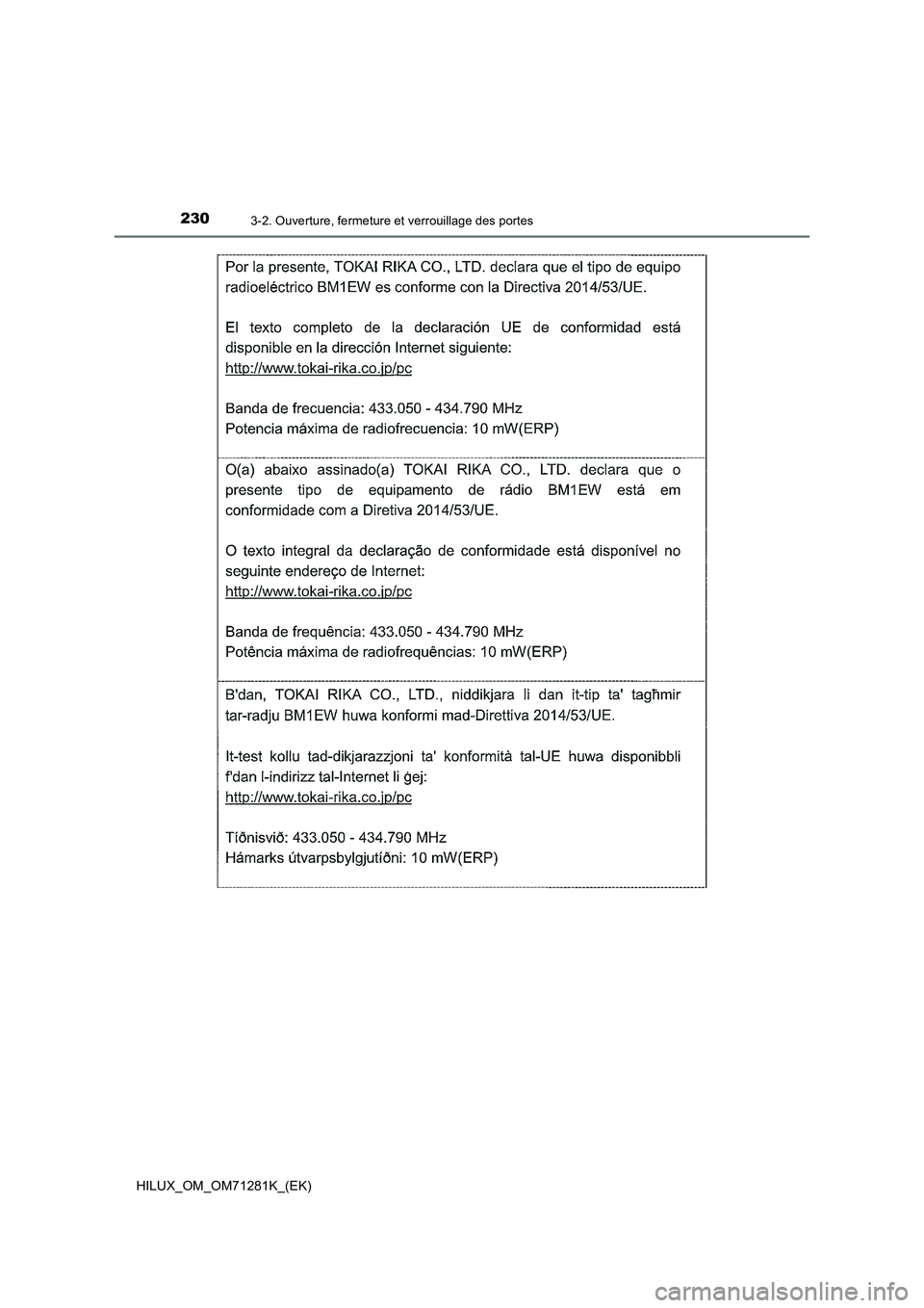 TOYOTA HILUX 2020  Notices Demploi (in French) 2303-2. Ouverture, fermeture et verrouillage des portes
HILUX_OM_OM71281K_(EK) 