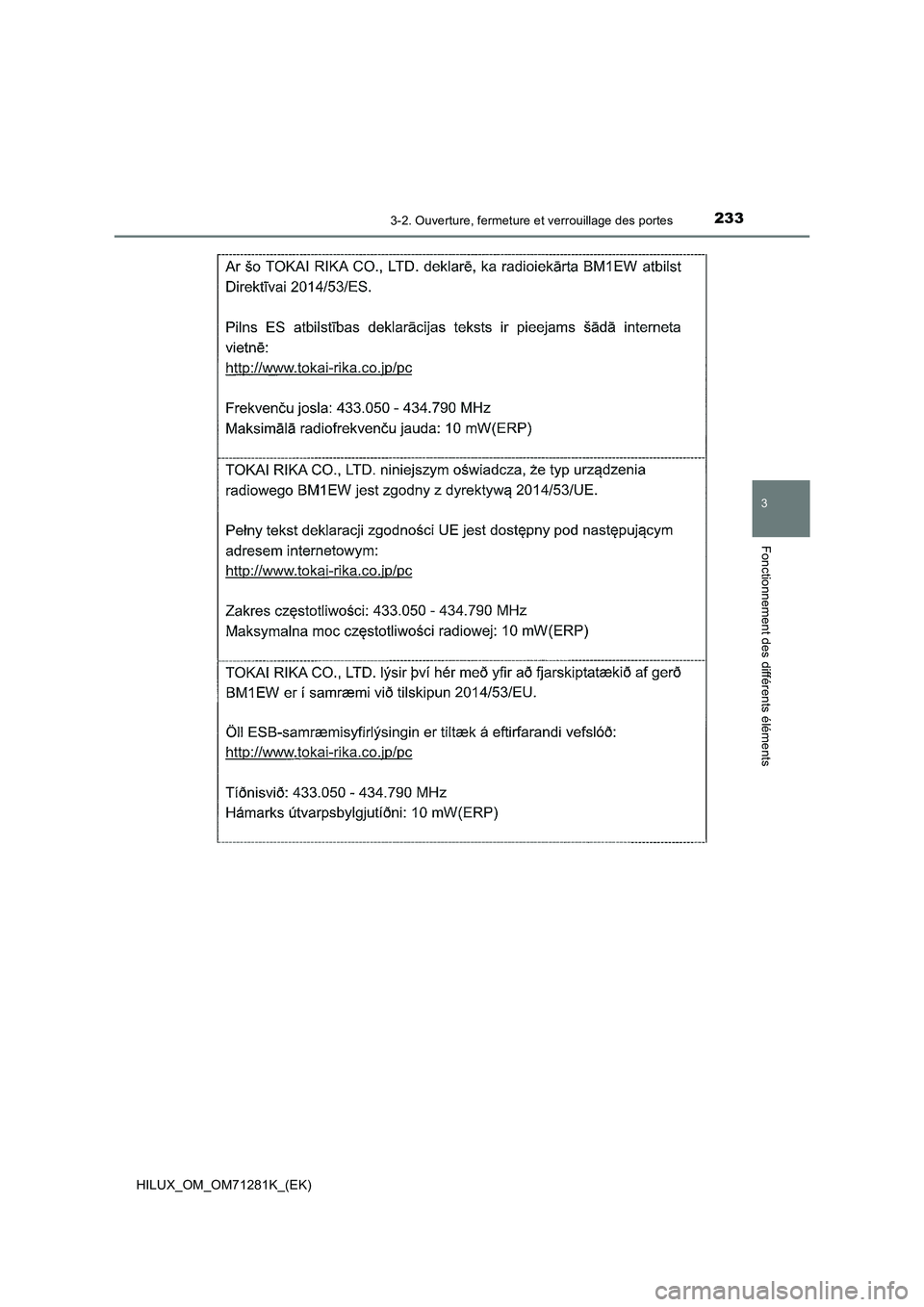 TOYOTA HILUX 2020  Notices Demploi (in French) 2333-2. Ouverture, fermeture et verrouillage des portes
3
Fonctionnement des différents éléments
HILUX_OM_OM71281K_(EK)  TOYOTA HILUX 2020  Notices Demploi (in French) 2333-2. Ouverture, fermeture et verrouillage des portes
3
Fonctionnement des différents éléments
HILUX_OM_OM71281K_(EK)