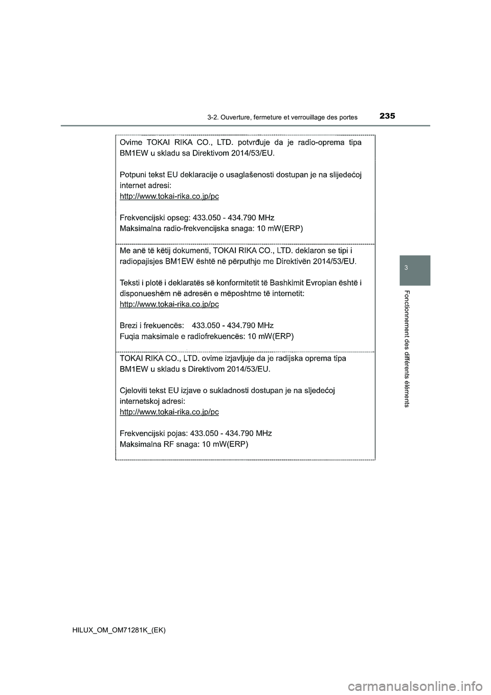 TOYOTA HILUX 2020  Notices Demploi (in French) 2353-2. Ouverture, fermeture et verrouillage des portes
3
Fonctionnement des différents éléments
HILUX_OM_OM71281K_(EK)  TOYOTA HILUX 2020  Notices Demploi (in French) 2353-2. Ouverture, fermeture et verrouillage des portes
3
Fonctionnement des différents éléments
HILUX_OM_OM71281K_(EK)