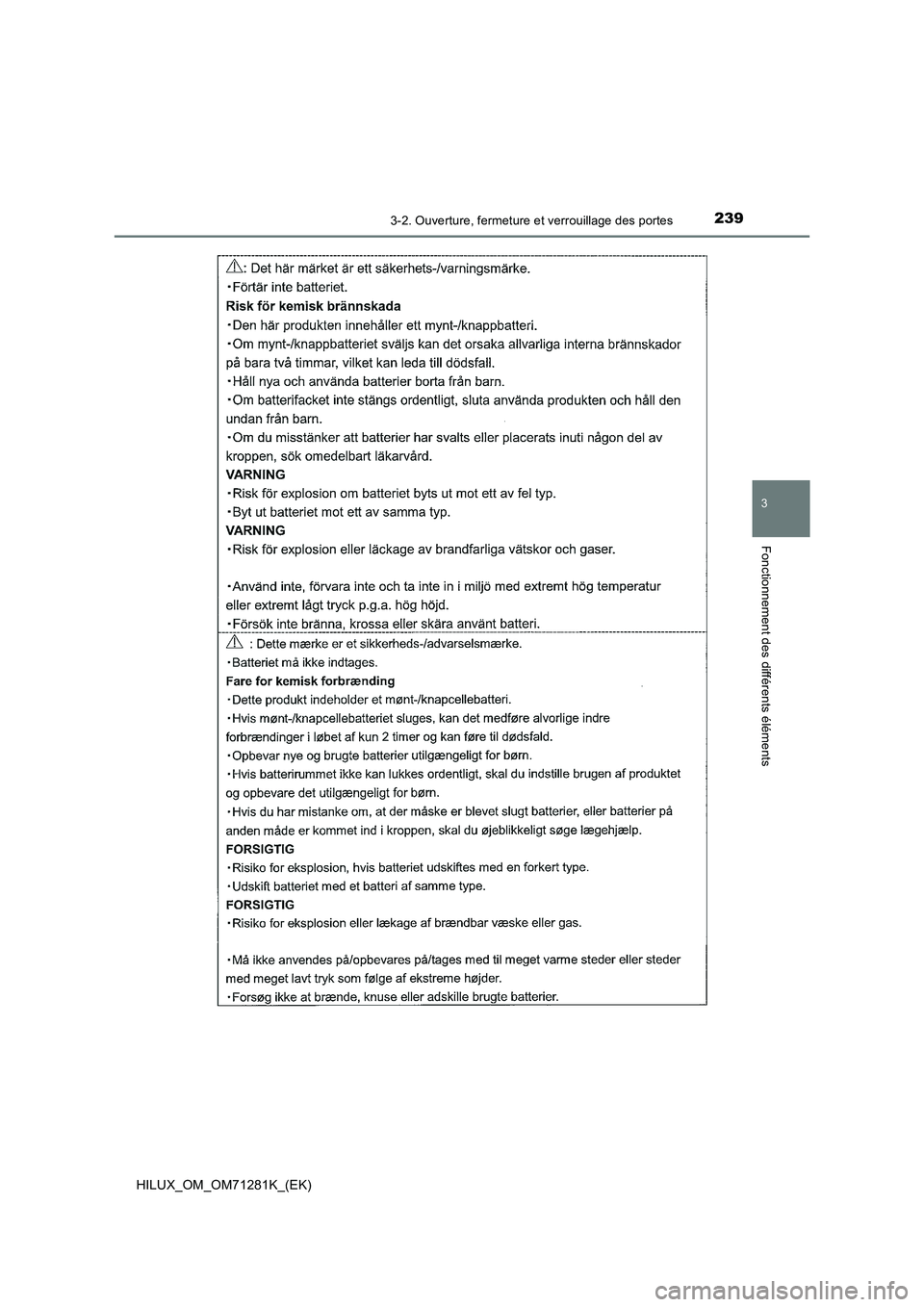 TOYOTA HILUX 2020  Notices Demploi (in French) 2393-2. Ouverture, fermeture et verrouillage des portes
3
Fonctionnement des différents éléments
HILUX_OM_OM71281K_(EK)  TOYOTA HILUX 2020  Notices Demploi (in French) 2393-2. Ouverture, fermeture et verrouillage des portes
3
Fonctionnement des différents éléments
HILUX_OM_OM71281K_(EK)