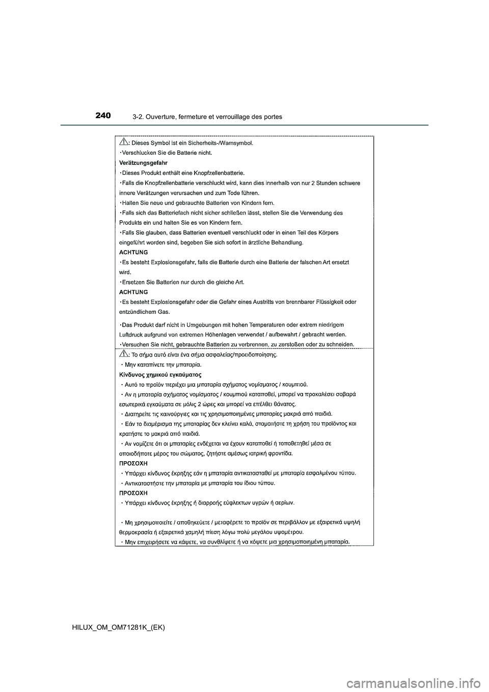 TOYOTA HILUX 2020  Notices Demploi (in French) 2403-2. Ouverture, fermeture et verrouillage des portes
HILUX_OM_OM71281K_(EK)  TOYOTA HILUX 2020  Notices Demploi (in French) 2403-2. Ouverture, fermeture et verrouillage des portes
HILUX_OM_OM71281K_(EK)