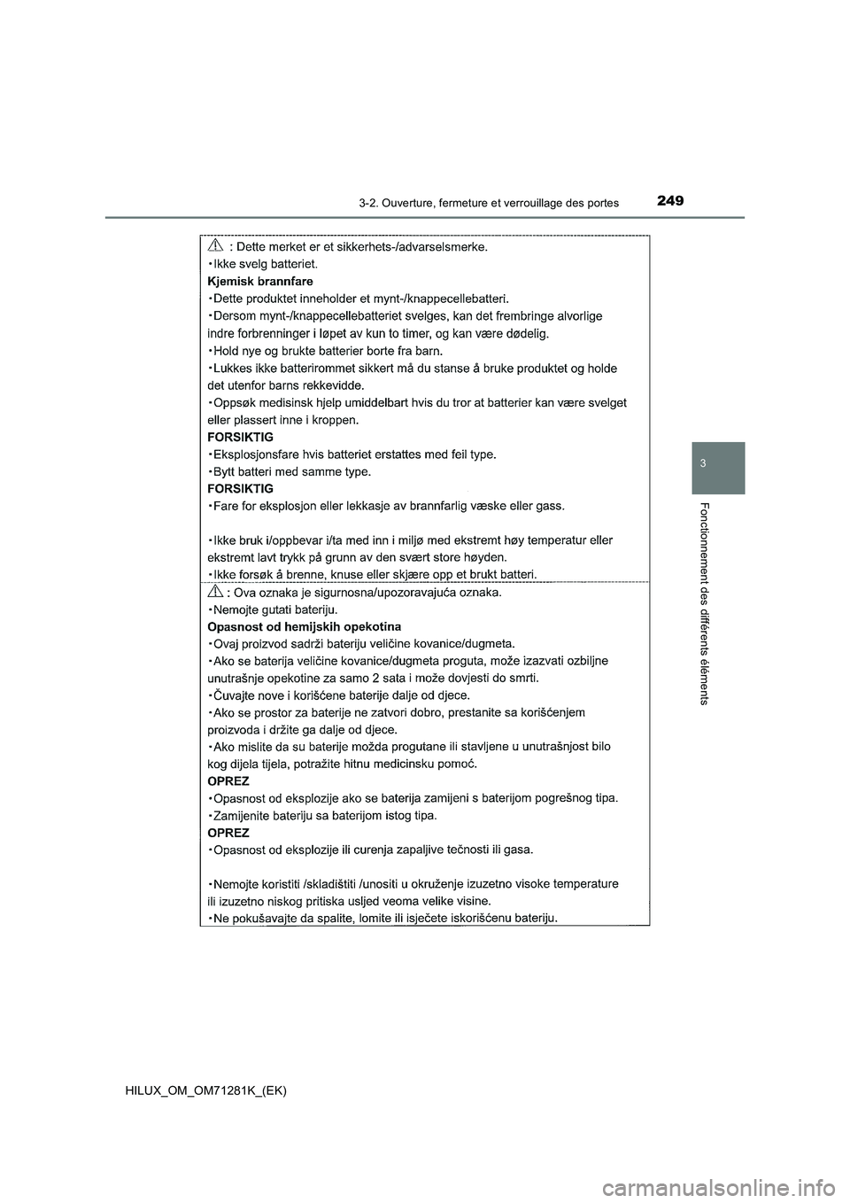 TOYOTA HILUX 2020  Notices Demploi (in French) 2493-2. Ouverture, fermeture et verrouillage des portes
3
Fonctionnement des différents éléments
HILUX_OM_OM71281K_(EK)  TOYOTA HILUX 2020  Notices Demploi (in French) 2493-2. Ouverture, fermeture et verrouillage des portes
3
Fonctionnement des différents éléments
HILUX_OM_OM71281K_(EK)