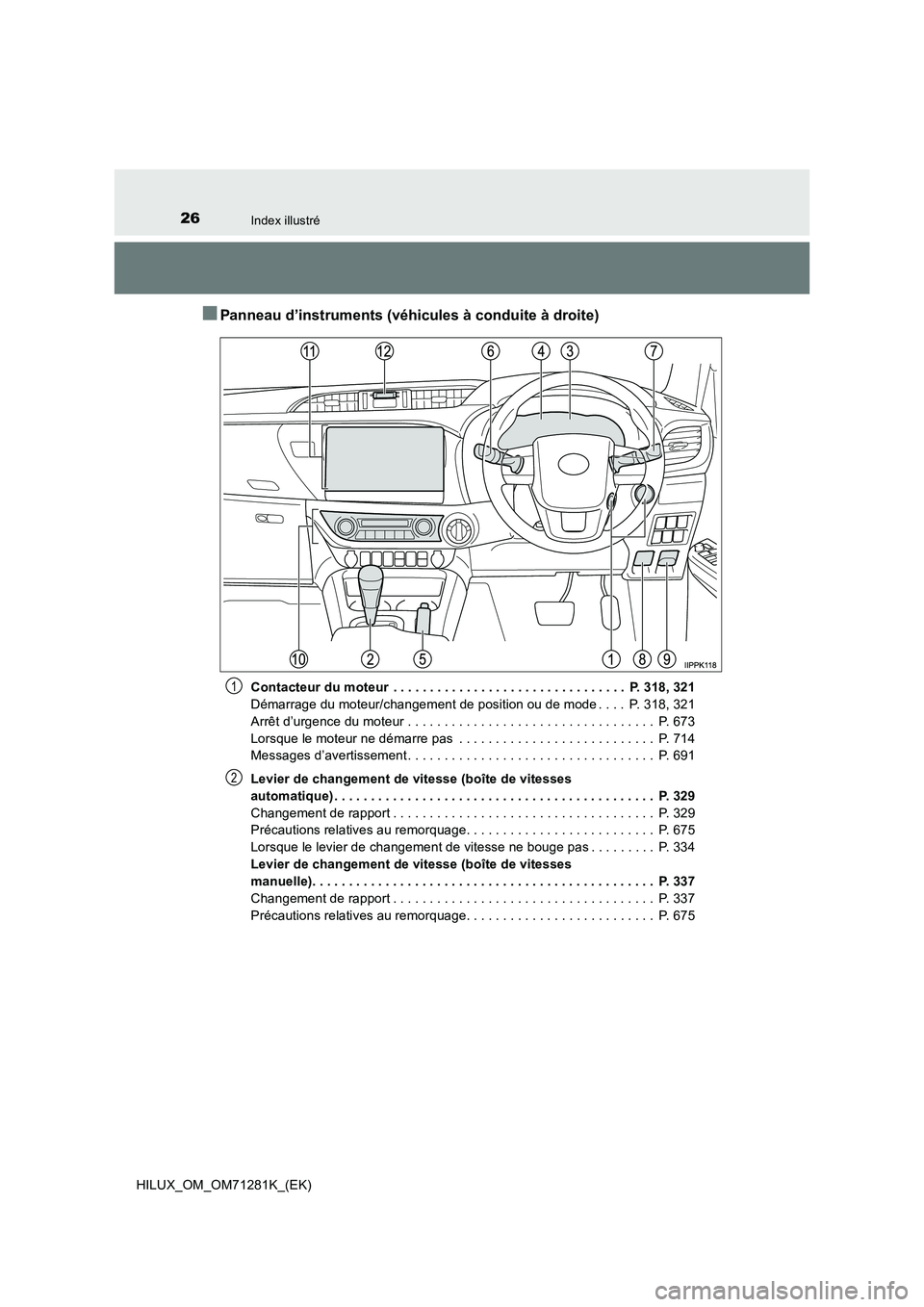 TOYOTA HILUX 2020  Notices Demploi (in French) 26Index illustré
HILUX_OM_OM71281K_(EK)
�QPanneau d’instruments (véhicules à conduite à droite)
Contacteur du moteur  . . . . . . . . . . . . . . . . . . . . . . . . . . . . . . . .  P. 318, 321