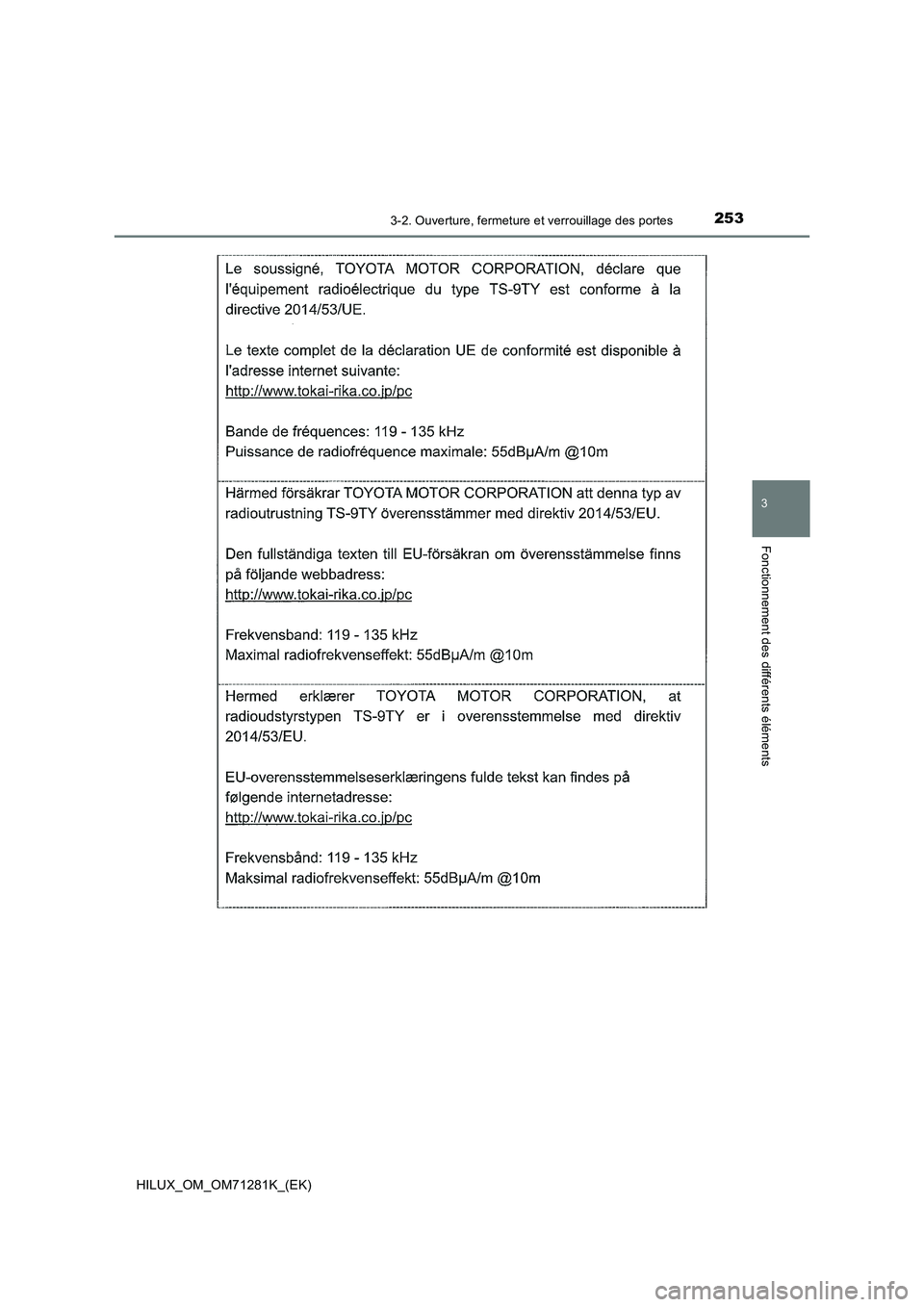 TOYOTA HILUX 2020  Notices Demploi (in French) 2533-2. Ouverture, fermeture et verrouillage des portes
3
Fonctionnement des différents éléments
HILUX_OM_OM71281K_(EK)  TOYOTA HILUX 2020  Notices Demploi (in French) 2533-2. Ouverture, fermeture et verrouillage des portes
3
Fonctionnement des différents éléments
HILUX_OM_OM71281K_(EK)