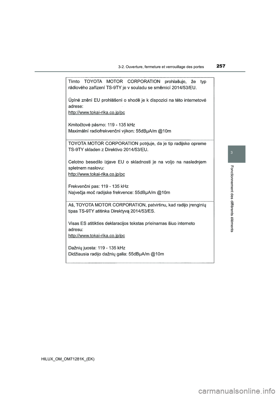 TOYOTA HILUX 2020  Notices Demploi (in French) 2573-2. Ouverture, fermeture et verrouillage des portes
3
Fonctionnement des différents éléments
HILUX_OM_OM71281K_(EK)  TOYOTA HILUX 2020  Notices Demploi (in French) 2573-2. Ouverture, fermeture et verrouillage des portes
3
Fonctionnement des différents éléments
HILUX_OM_OM71281K_(EK)