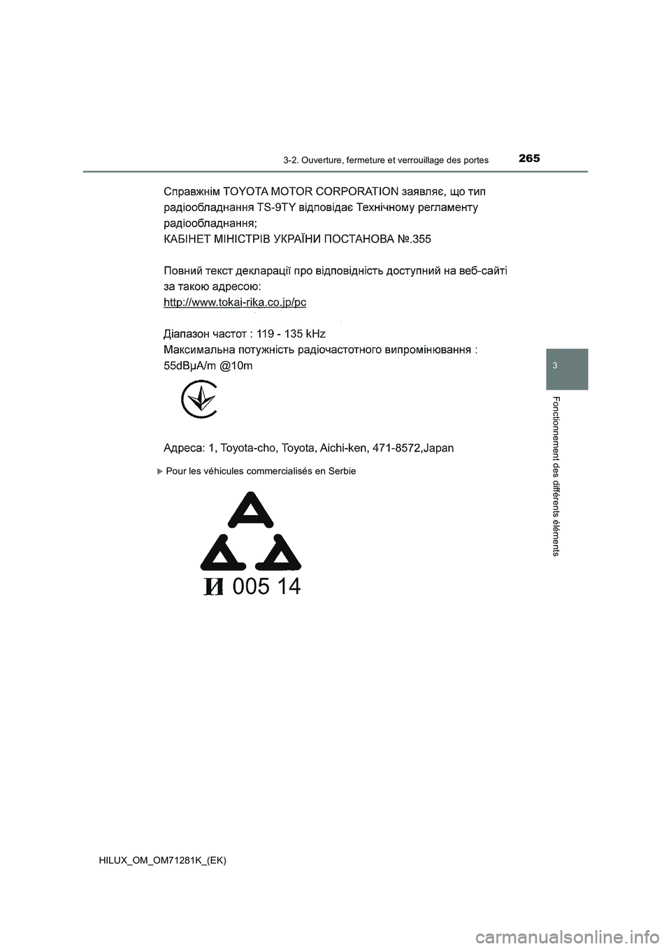 TOYOTA HILUX 2020  Notices Demploi (in French) 2653-2. Ouverture, fermeture et verrouillage des portes
3
Fonctionnement des différents éléments
HILUX_OM_OM71281K_(EK)
Pour les véhicules commercialisés en Serbie 