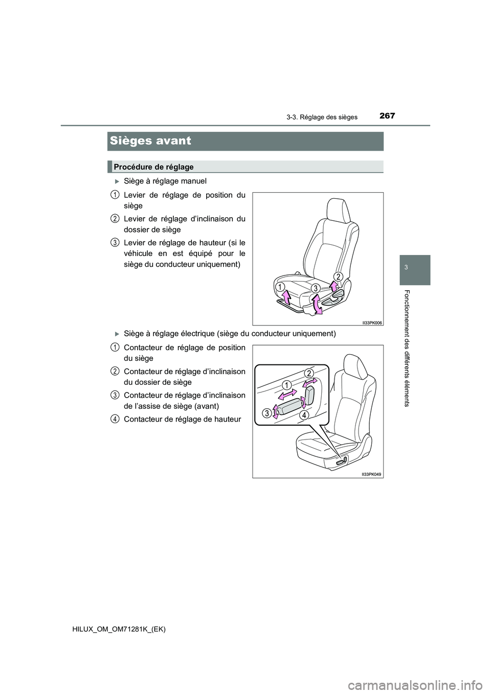 TOYOTA HILUX 2020  Notices Demploi (in French) 267
3
3-3. Réglage des sièges
Fonctionnement des différents éléments
HILUX_OM_OM71281K_(EK)
Sièges avant
Siège à réglage manuel
Levier  de  réglage  de  position  du
siège
Levier  de  r
