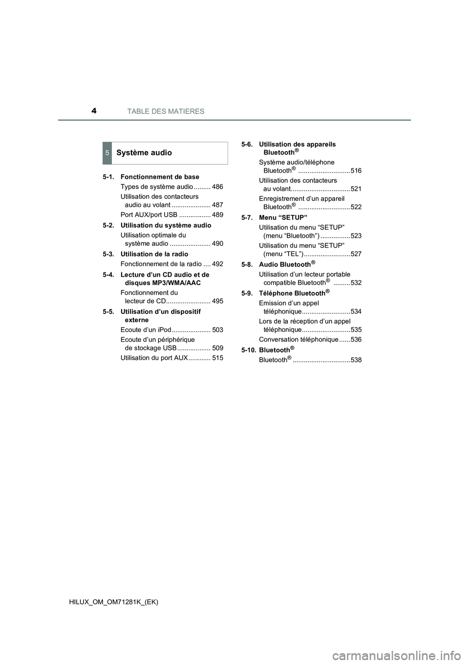 TOYOTA HILUX 2020  Notices Demploi (in French) TABLE DES MATIERES4
HILUX_OM_OM71281K_(EK)5-1. Fonctionnement de base
Types de système audio ......... 486
Utilisation des contacteurs 
audio au volant ..................... 487
Port AUX/port USB ...