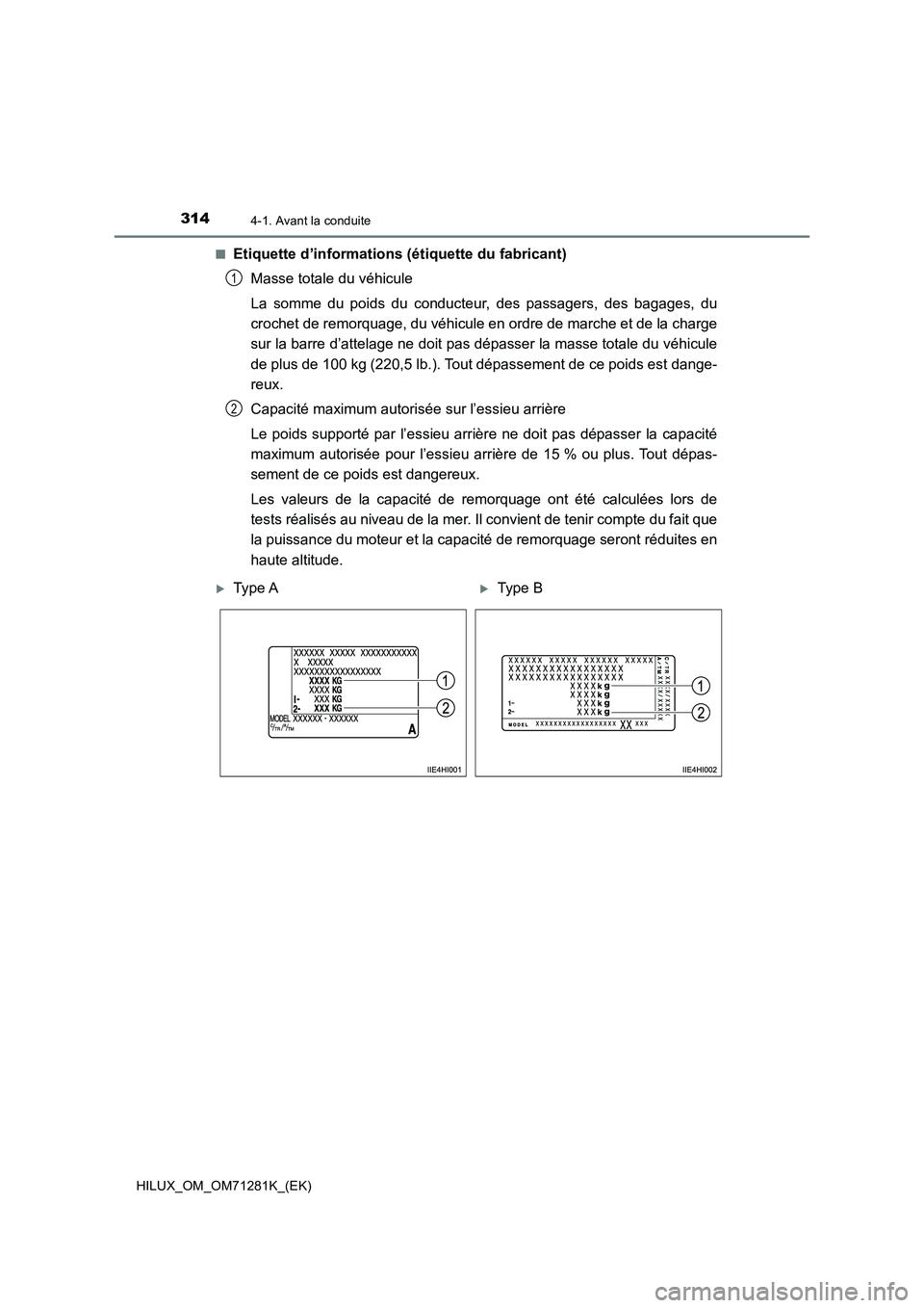 TOYOTA HILUX 2020  Notices Demploi (in French) 3144-1. Avant la conduite
HILUX_OM_OM71281K_(EK) 
�QEtiquette d’informations (étiquette du fabricant) 
Masse totale du véhicule 
La  somme  du  poids  du  conducteur,  des  passagers,  des  bagage