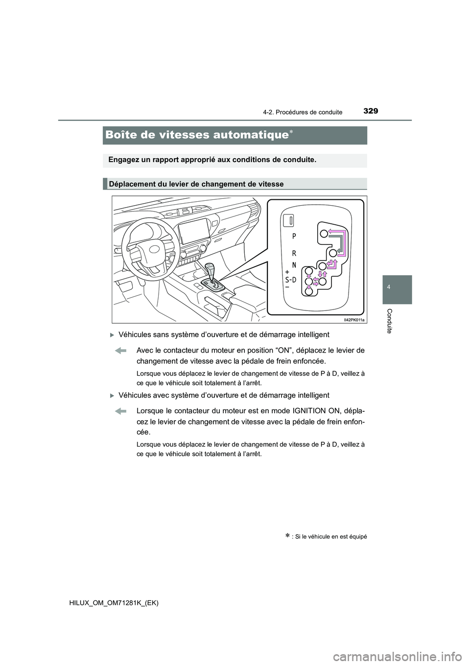 TOYOTA HILUX 2020  Notices Demploi (in French) 329
4
4-2. Procédures de conduite
Conduite
HILUX_OM_OM71281K_(EK)
Boîte de vitesses automatique
Véhicules sans système d’ouverture et de démarrage intelligent
Avec le contacteur du moteur