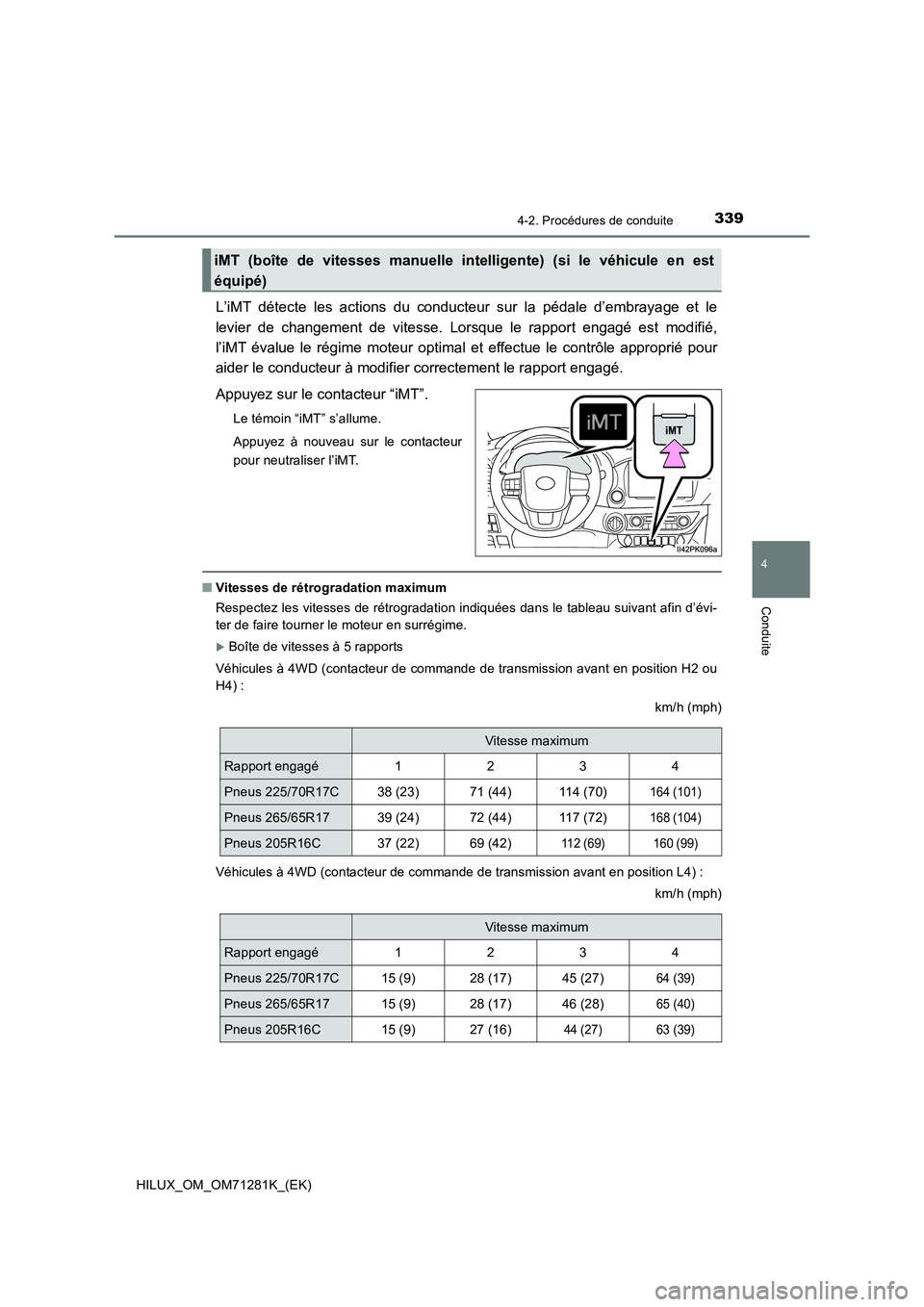 TOYOTA HILUX 2020  Notices Demploi (in French) 3394-2. Procédures de conduite
4
Conduite
HILUX_OM_OM71281K_(EK)
L’iMT  détecte  les  actions  du  conducteur  sur  la  pédale  d’embrayage  et  le
levier  de  changement  de  vitesse.  Lorsque
