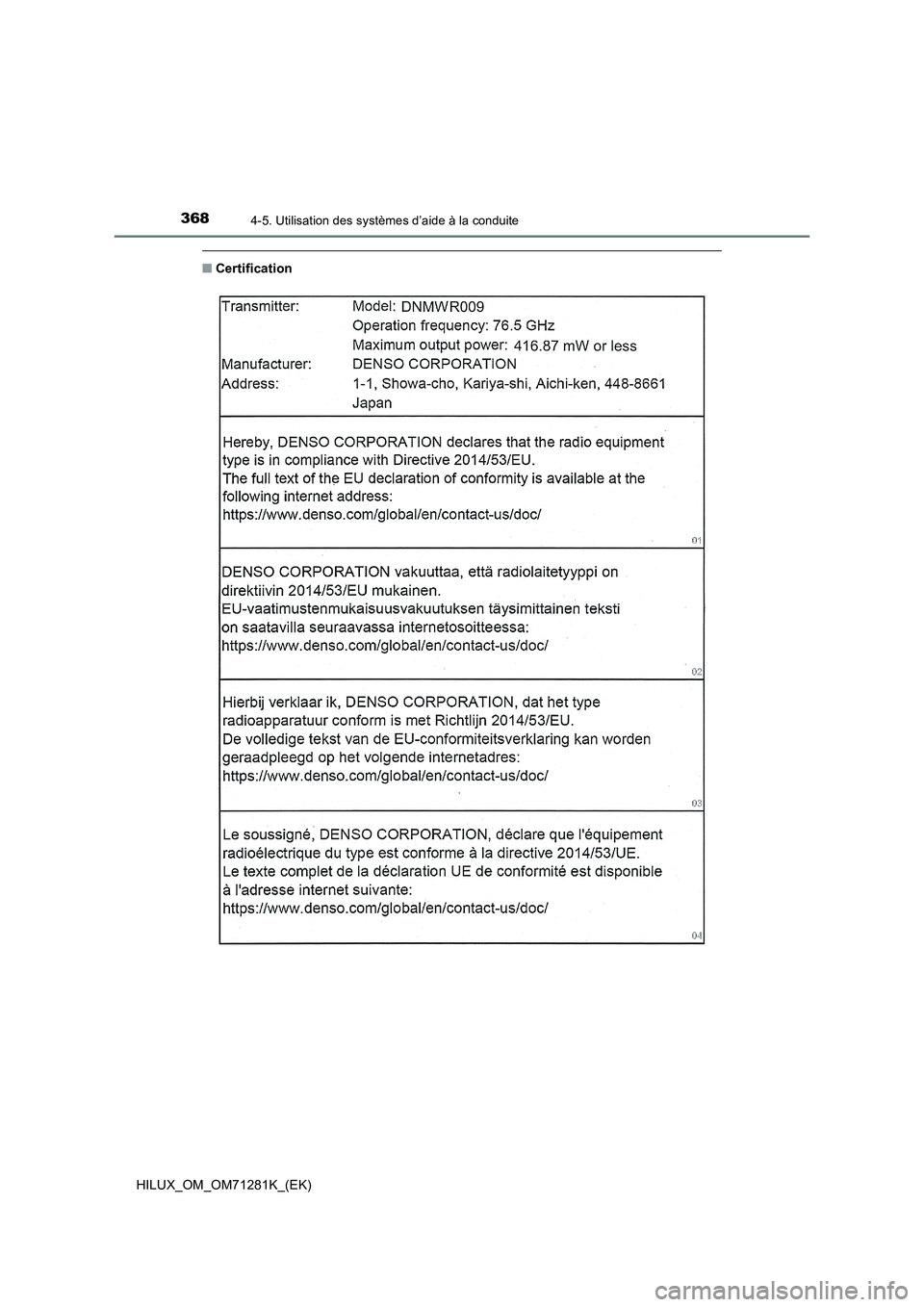 TOYOTA HILUX 2020  Notices Demploi (in French) 3684-5. Utilisation des systèmes d’aide à la conduite
HILUX_OM_OM71281K_(EK)
�QCertification 