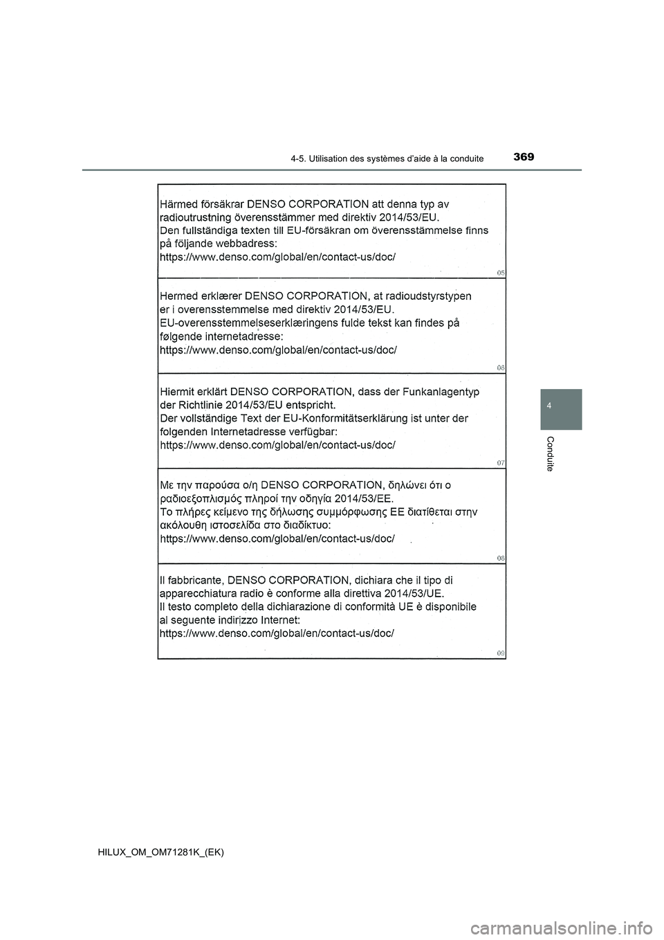 TOYOTA HILUX 2020  Notices Demploi (in French) 3694-5. Utilisation des systèmes d’aide à la conduite
4
Conduite
HILUX_OM_OM71281K_(EK) 