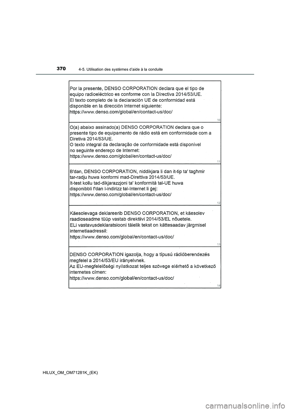 TOYOTA HILUX 2020  Notices Demploi (in French) 3704-5. Utilisation des systèmes d’aide à la conduite
HILUX_OM_OM71281K_(EK) 