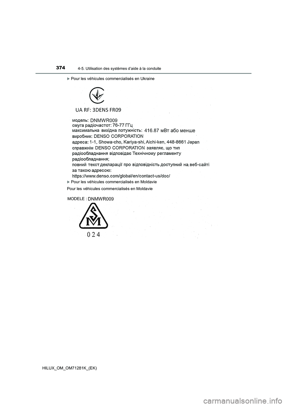 TOYOTA HILUX 2020  Notices Demploi (in French) 3744-5. Utilisation des systèmes d’aide à la conduite
HILUX_OM_OM71281K_(EK)
Pour les véhicules commercialisés en Ukraine
Pour les véhicules commercialisés en Moldavie
Pour les véhicule