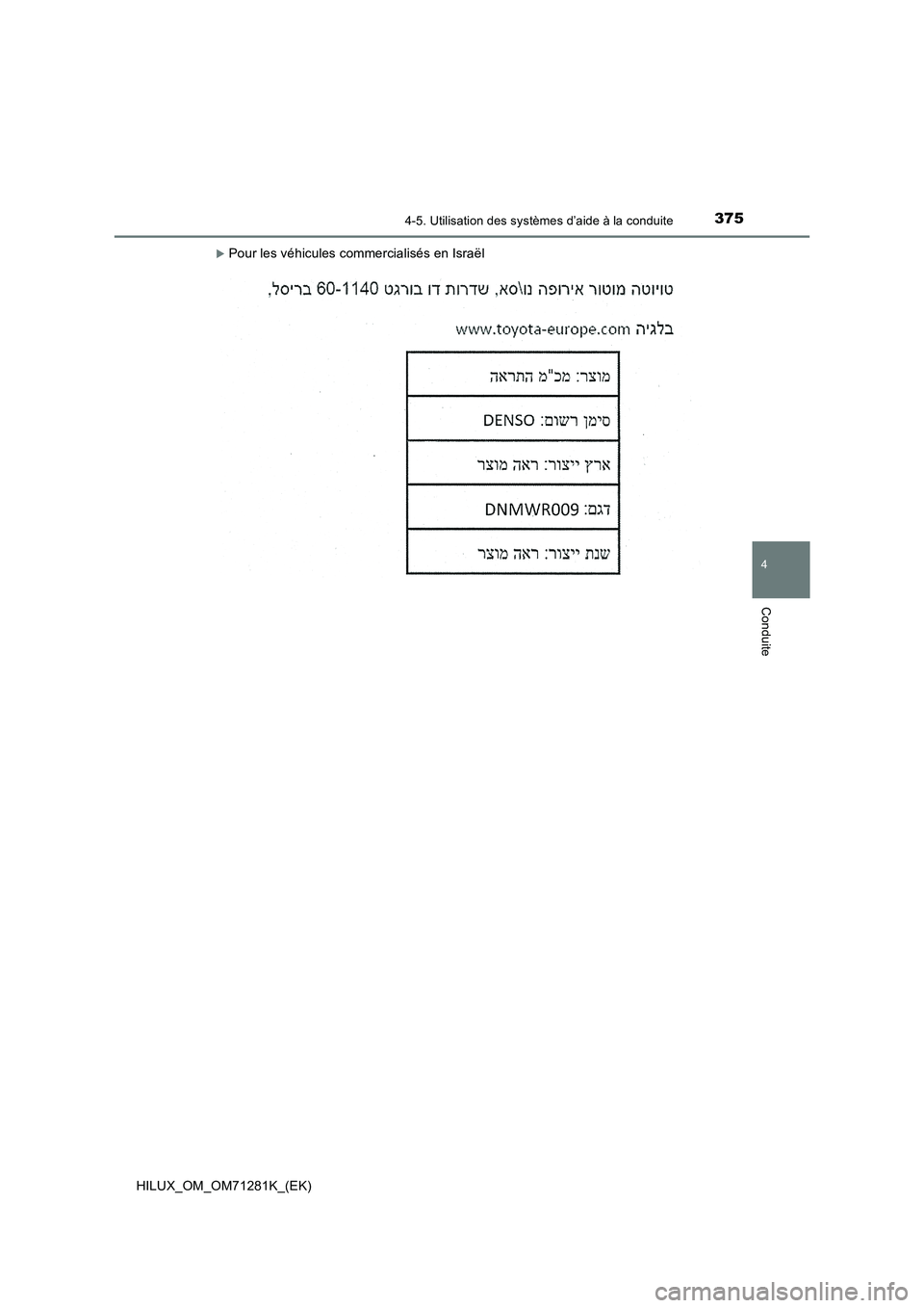 TOYOTA HILUX 2020  Notices Demploi (in French) 3754-5. Utilisation des systèmes d’aide à la conduite
4
Conduite
HILUX_OM_OM71281K_(EK)
Pour les véhicules commercialisés en Israël 
