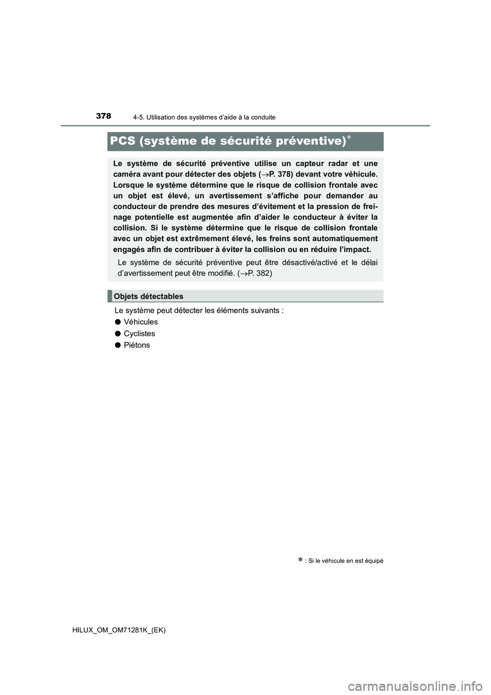 TOYOTA HILUX 2020  Notices Demploi (in French) 3784-5. Utilisation des systèmes d’aide à la conduite
HILUX_OM_OM71281K_(EK)
PCS (système de sécurité préventive)
Le système peut détecter les éléments suivants :
�OVéhicules
�OCyclist