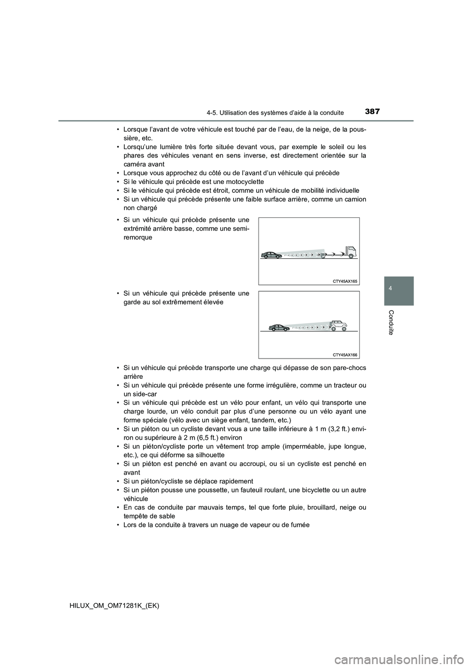 TOYOTA HILUX 2020  Notices Demploi (in French) 3874-5. Utilisation des systèmes d’aide à la conduite
4
Conduite
HILUX_OM_OM71281K_(EK)• Lorsque l’avant de votre véhicule est touché par de l’eau, de la neige, de la pous-
sière, etc.
�