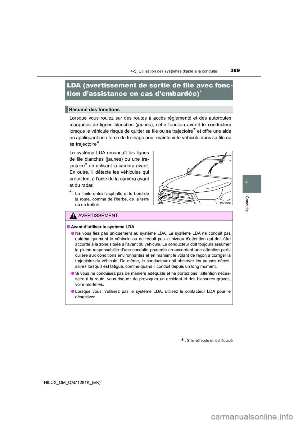 TOYOTA HILUX 2020  Notices Demploi (in French) 389
4
4-5. Utilisation des systèmes d’aide à la conduite
Conduite
HILUX_OM_OM71281K_(EK)
LDA (aver tissement de sor tie de file avec fonc- 
tion d’assistance en cas d’embardée)
Lorsque  vo
