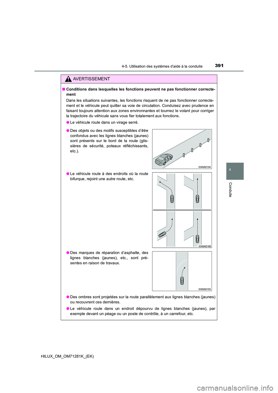 TOYOTA HILUX 2020  Notices Demploi (in French) 3914-5. Utilisation des systèmes d’aide à la conduite
4
Conduite
HILUX_OM_OM71281K_(EK)
AVERTISSEMENT
 QConditions dans lesquelles les fonctions peuvent ne pas fonctionner correcte- 
ment 
Dans le