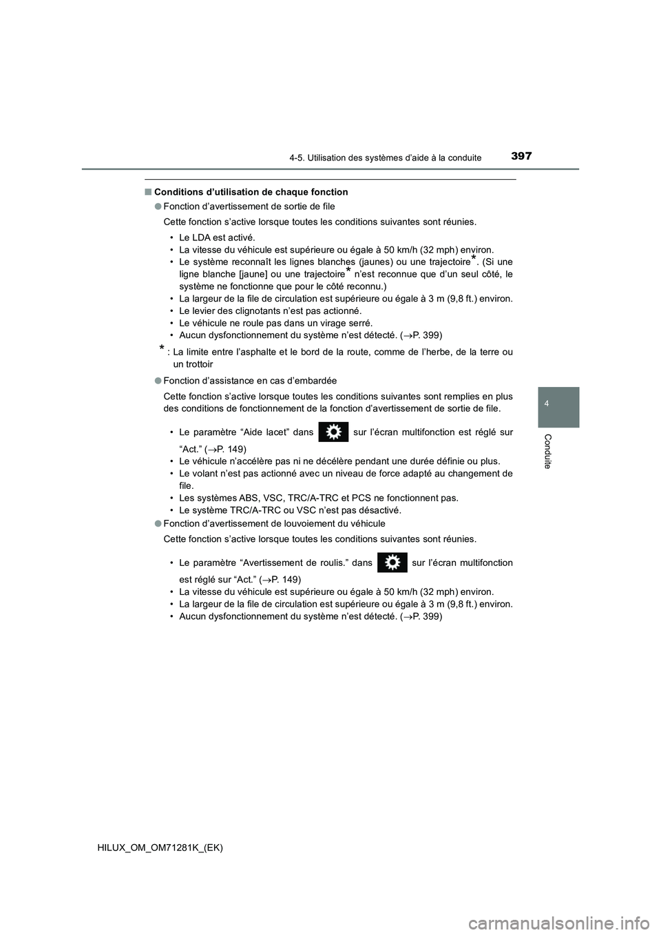 TOYOTA HILUX 2020  Notices Demploi (in French) 3974-5. Utilisation des systèmes d’aide à la conduite
4
Conduite
HILUX_OM_OM71281K_(EK)
�QConditions d’utilisation de chaque fonction
�OFonction d’avertissement de sortie de file
Cette fonctio