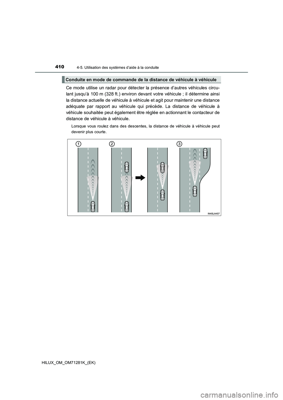 TOYOTA HILUX 2020  Notices Demploi (in French) 4104-5. Utilisation des systèmes d’aide à la conduite
HILUX_OM_OM71281K_(EK)
Ce  mode  utilise  un  radar  pour  détecter la  présence  d’autres  véhicules  circu-
lant  jusqu’à 100 m  (32