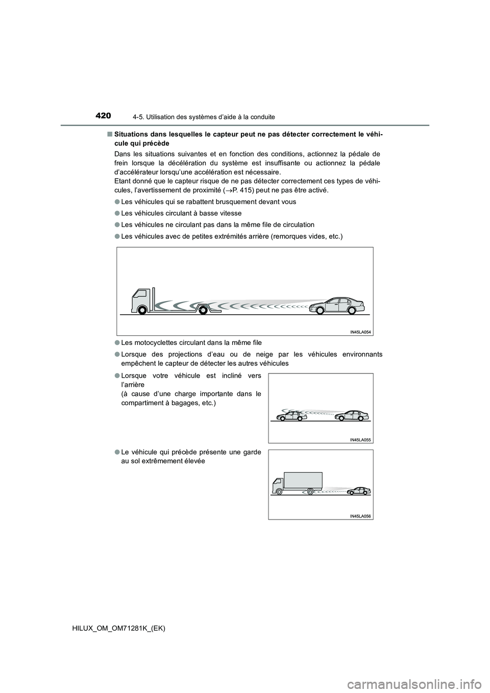 TOYOTA HILUX 2020  Notices Demploi (in French) 4204-5. Utilisation des systèmes d’aide à la conduite
HILUX_OM_OM71281K_(EK) QSituations dans lesquelles le capteur peut ne pas détecter correctement le véhi-
cule qui précède
Dans  les  situa