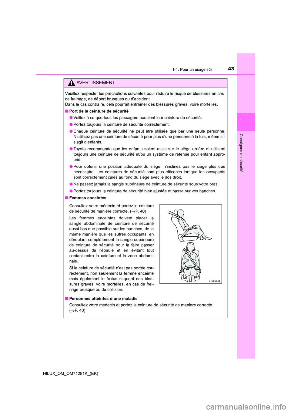 TOYOTA HILUX 2020  Notices Demploi (in French) 431-1. Pour un usage sûr
1
HILUX_OM_OM71281K_(EK)
Consignes de sécurité
AVERTISSEMENT
Veuillez respecter les précautions suivantes pour réduire le risque de blessures en cas 
de freinage, de dép